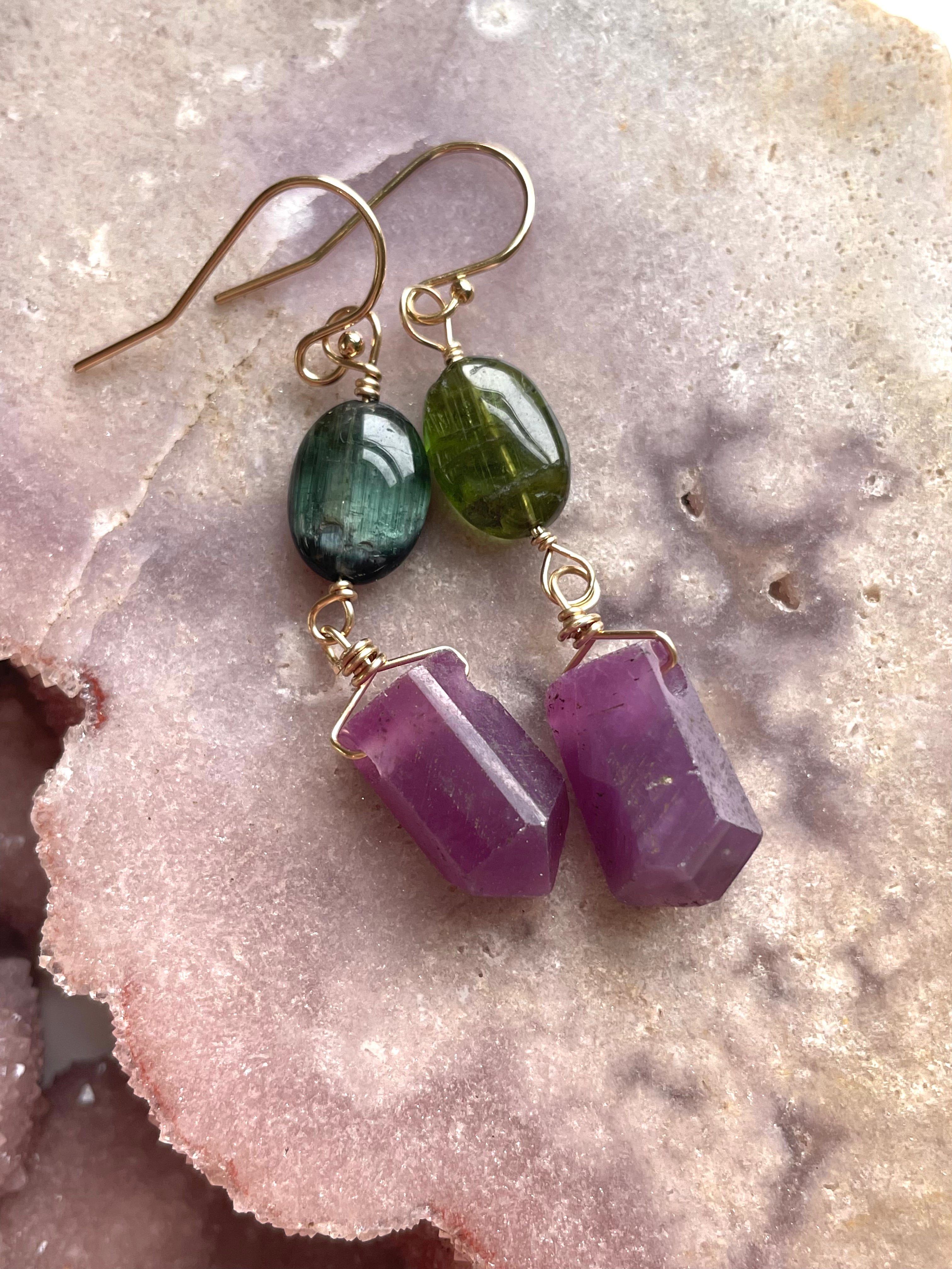 Natural Raw Crystal Dangle Earrings - 14K Gold Plated with Genuine Ruby & Green Tourmaline | Boho Chic Jewelry for Women, Perfect for Weddings, Parties & Everyday Wear