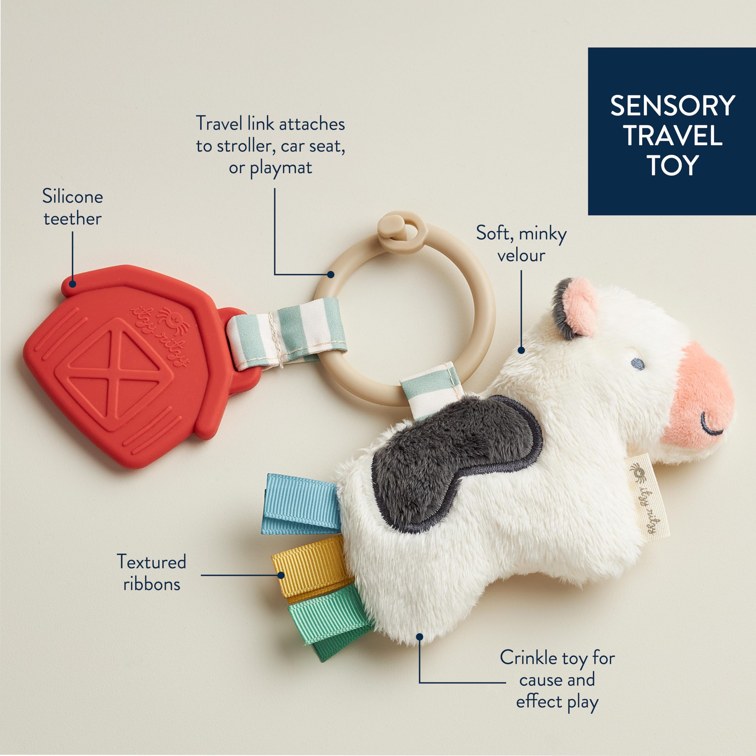 Itzy Ritzy Infant Teething Toy & Sensory Baby Toy - Soft Silicone Teether with Crinkle Sound, Textured Ribbons & Lovey for Newborns (Cow Design) - Perfect for Soothing Sore Gums & Early Sensory Development