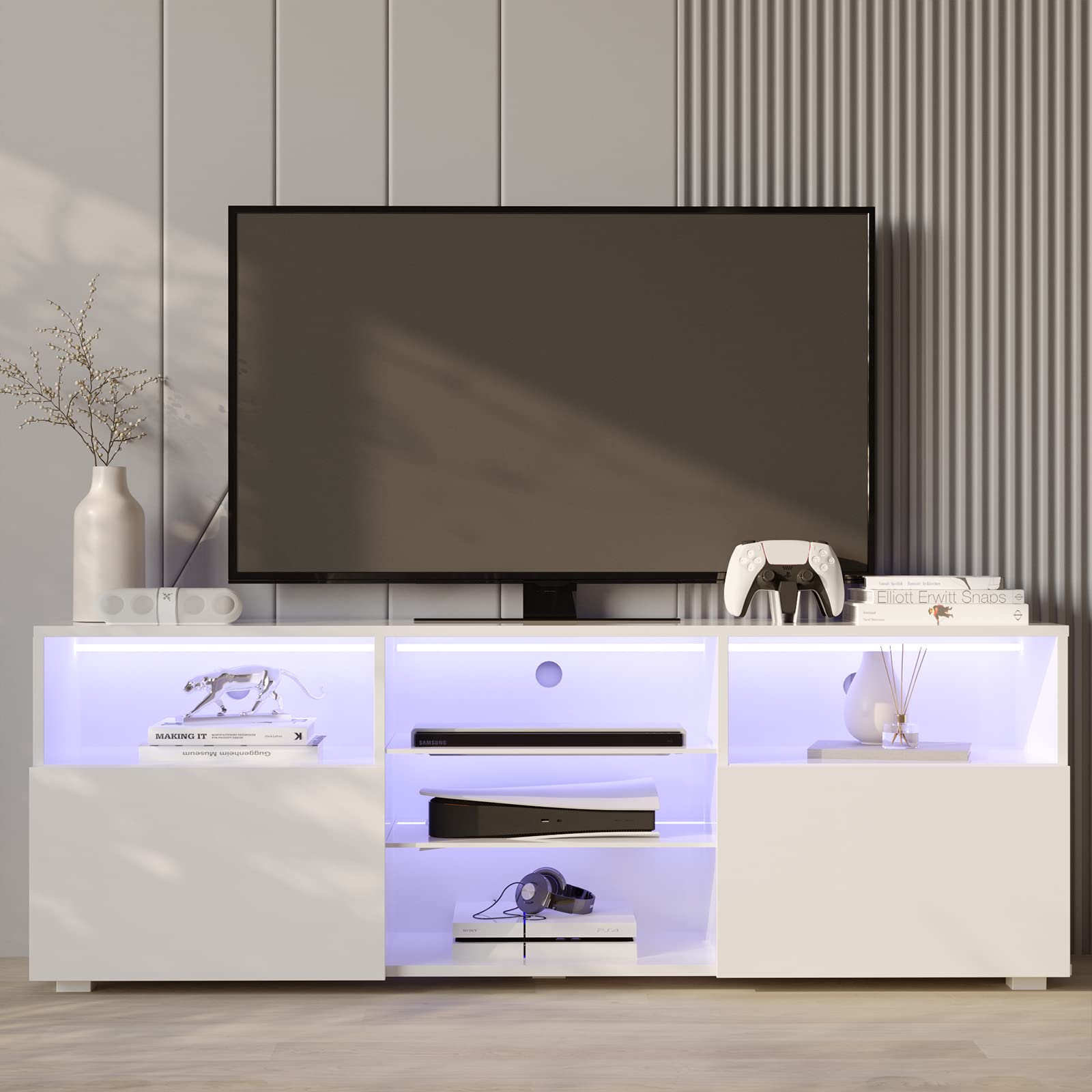Modern White LED TV Stand for 50-55 Inch TVs - High Gloss Entertainment Center with Drawers & Ambient Lighting - Perfect for Living Room, Game Room & Bedroom - Media Console with Storage Space & Stylish Design