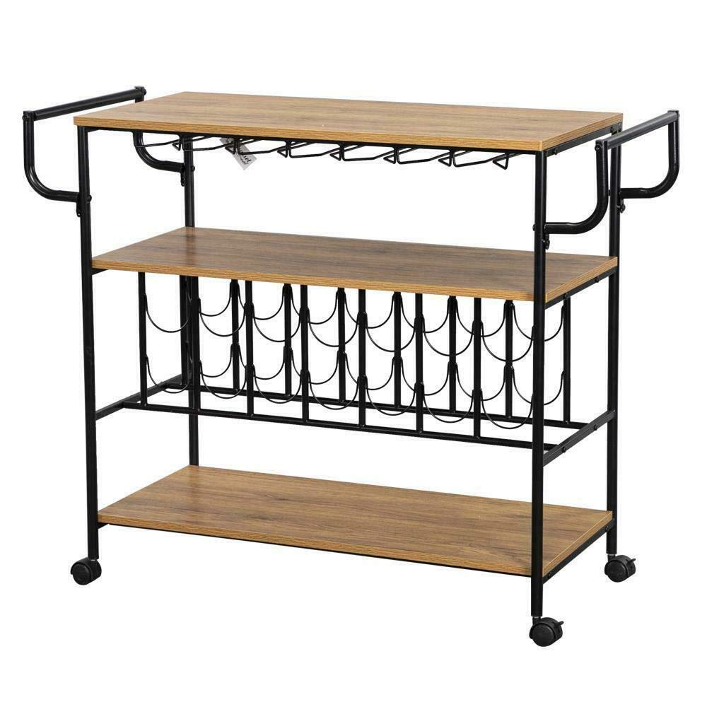 3-Tier Rolling Kitchen Cart with Wheels - Portable Bar Cart, Wine Glass Holder & Storage Shelves for Home, Kitchen, Dining Room - Perfect for Serving, Organizing & Entertaining