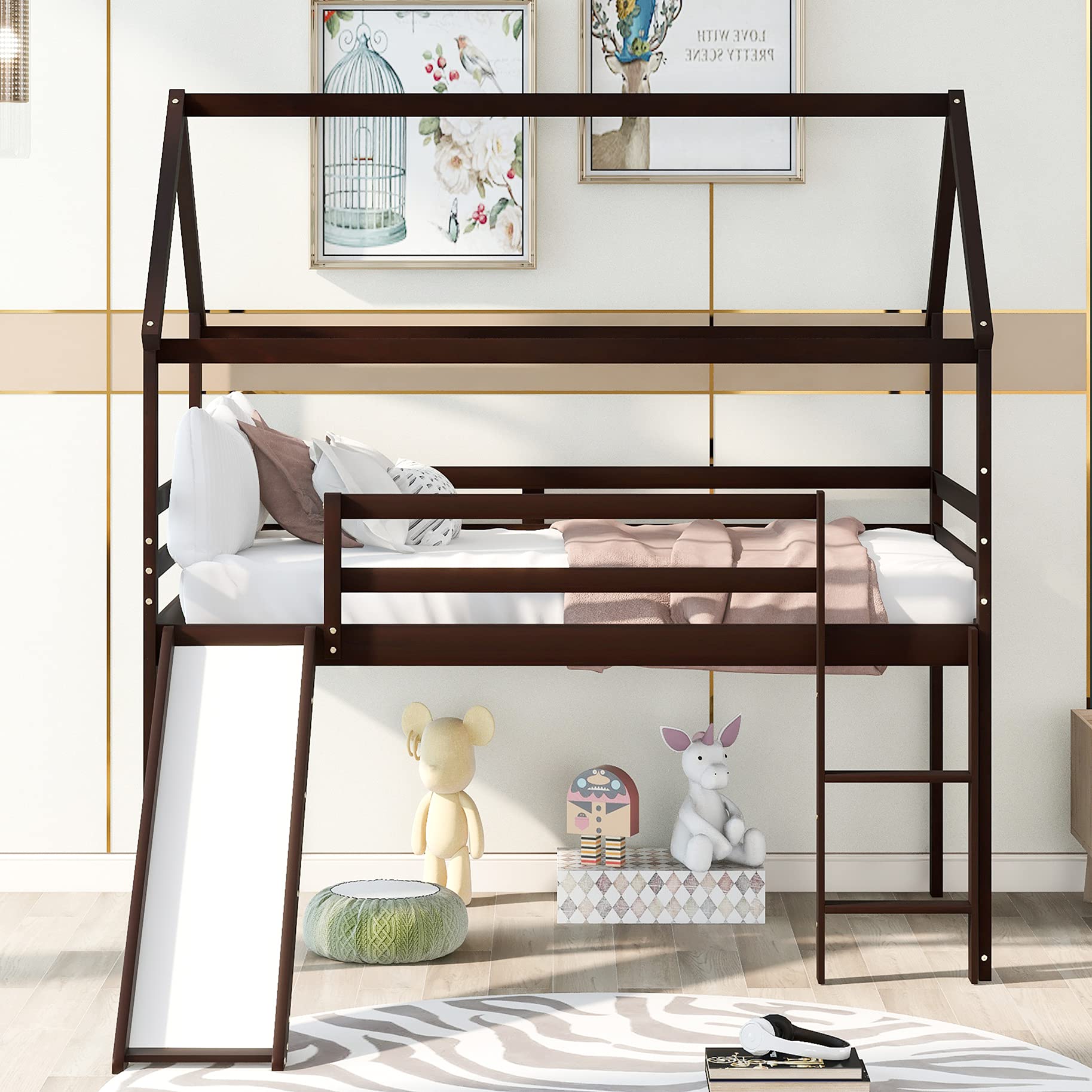 Harper & Bright Designs Twin Loft Bed with Slide & Ladder - Wooden Low Loft Bed with Roof for Kids - No Box Spring Needed in Espresso Finish - Perfect for Small Bedrooms, Playrooms & Space-Saving Kids' Rooms