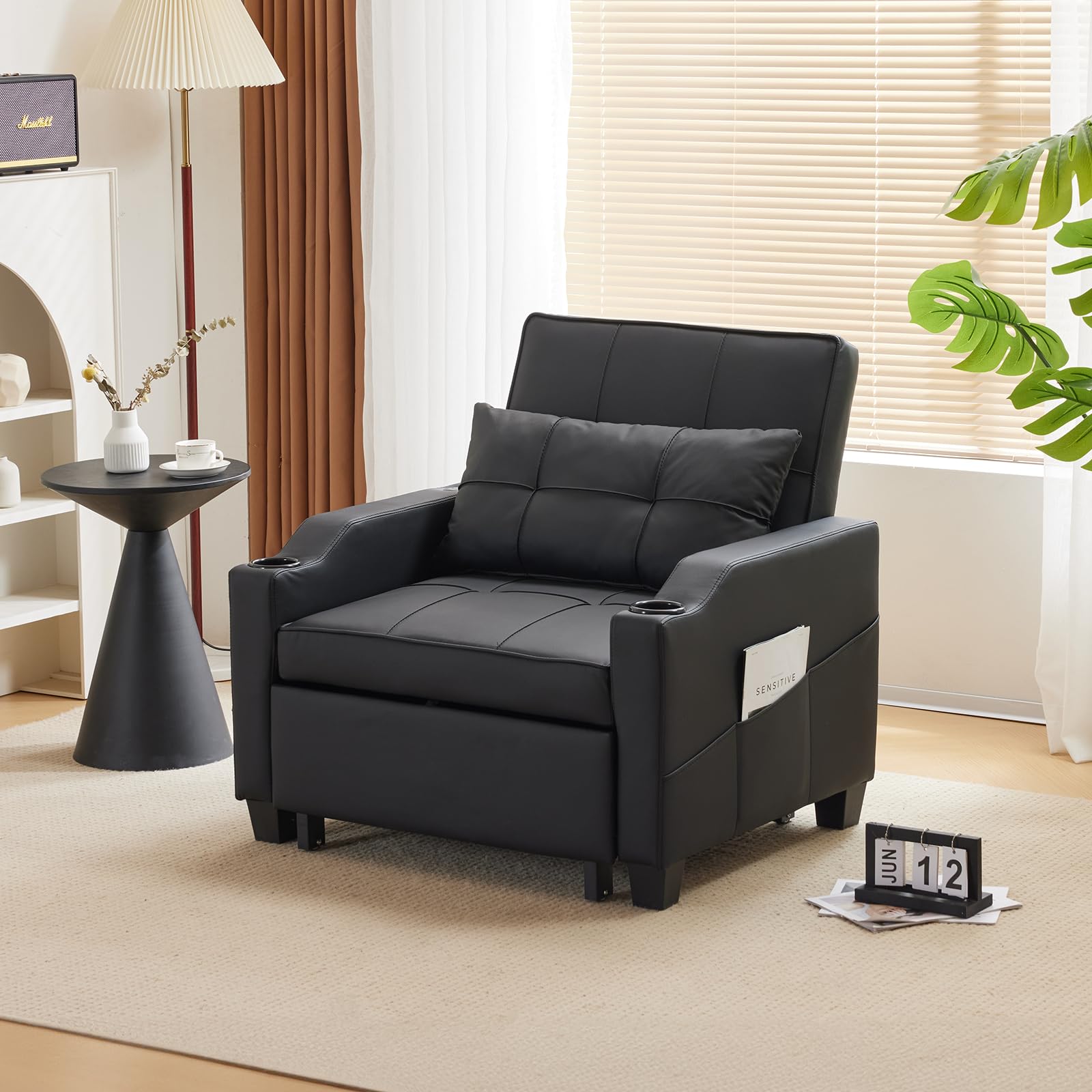 VINGLI 3-in-1 Convertible Sleeper Sofa Chair Bed - Recliner with Adjustable Backrest, USB Ports & Cup Holders - Black Daybed Pull Out Couch for Small Spaces - Perfect for Living Room, Guest Room & Studio Apartments