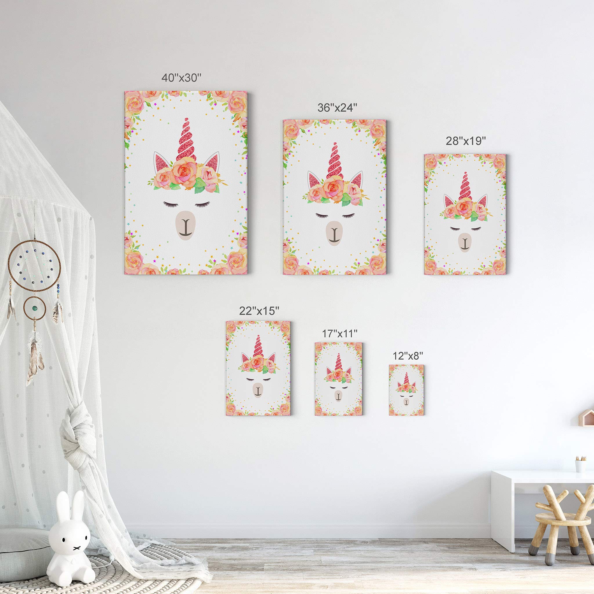 Cute Unicorn Wall Art Canvas Print - Floral Orange Background, Ready to Hang Nursery Decor, Kids Room Decor, Baby Gift, Made in USA (17x11) - Perfect for Children's Bedroom, Playroom & Birthday Presents