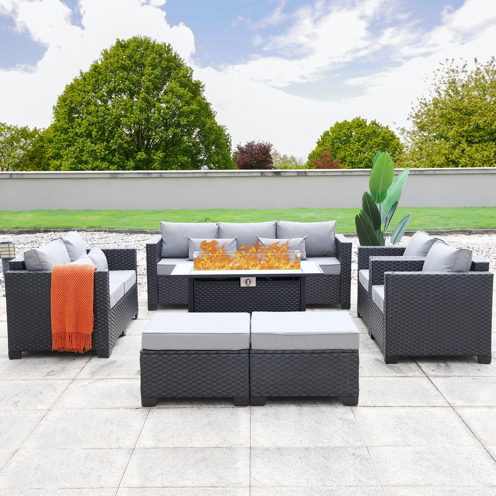 Rattaner 7-Piece Outdoor Patio Furniture Set with 45-Inch 60,000 BTU Propane Fire Pit Table, No-Slip Cushions & Waterproof Covers - Light Grey - Perfect for Backyard, Garden, Poolside & Outdoor Entertaining