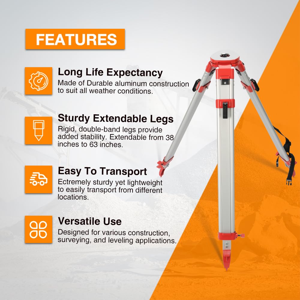 Professional Aluminum Surveying Tripod with 5/8-Inch 11-Threaded Flat Head Quick Clamp - Heavy Duty Tripod for Auto Level, Theodolite & Survey Equipment - Perfect for Land Surveying, Construction Sites & Outdoor Measurements