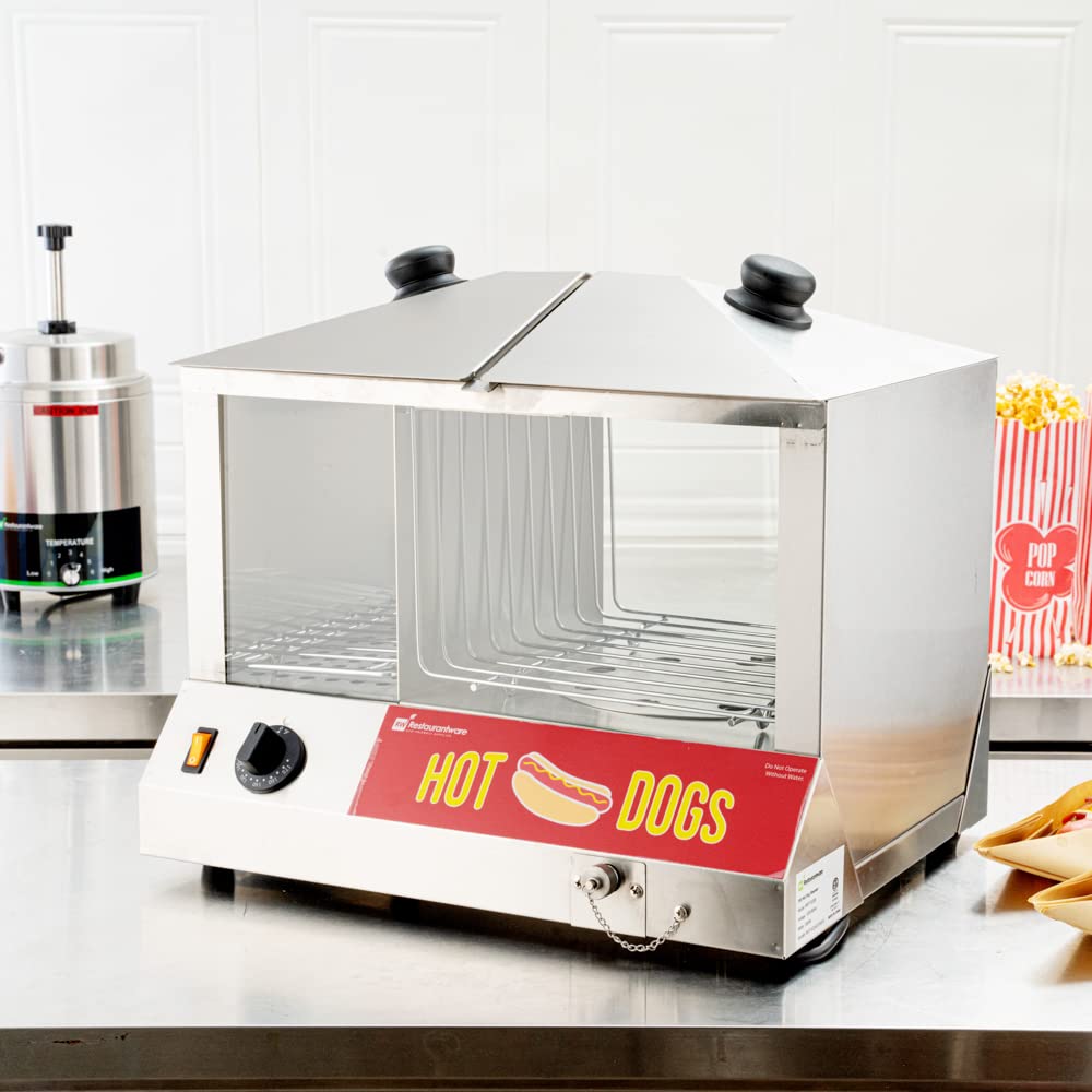 Restaurantware Hi-Tek Hot Dog Steamer & Bun Warmer - Commercial 120V Stainless Steel Food Truck Appliance (1300W, Holds 100 Hot Dogs & 48 Buns) - Perfect for Concession Stands, Stadiums, and Outdoor Events