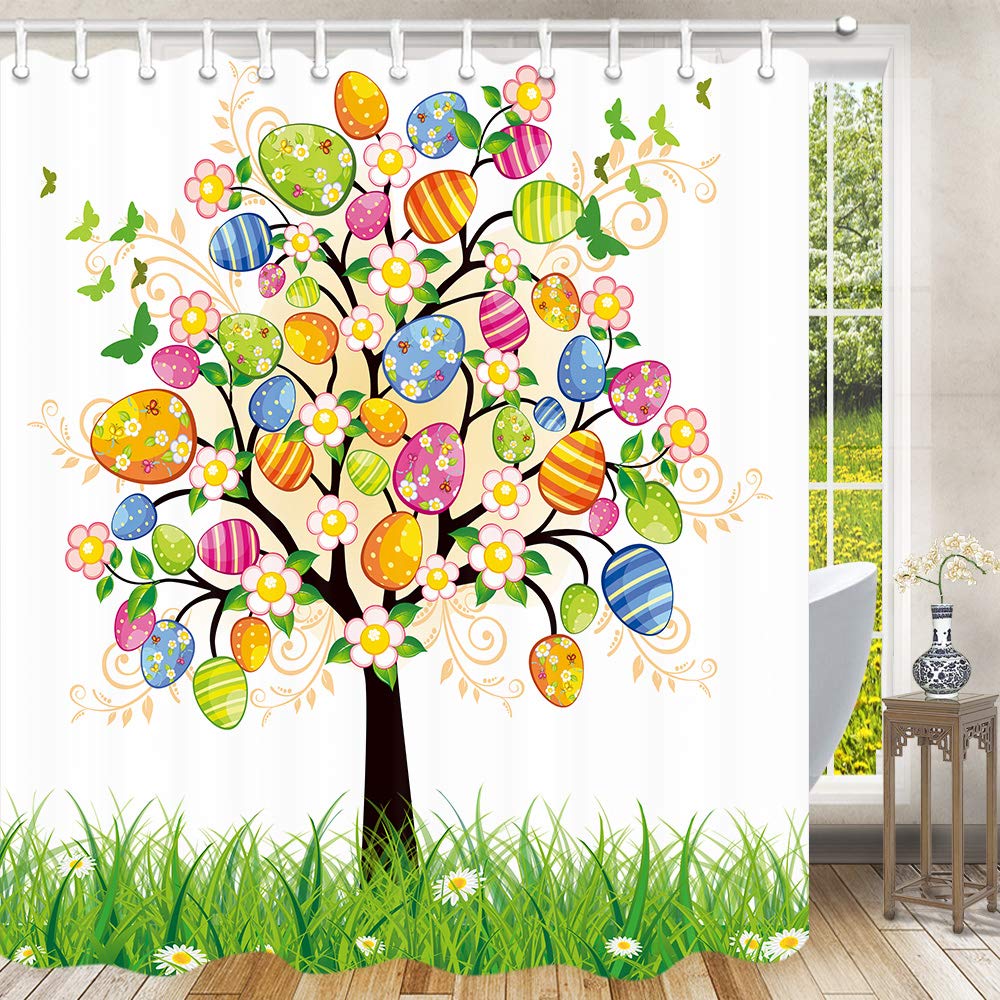 JAWO Easter Shower Curtain - Floral Painted Eggs & Butterflies Design, 72x72 Inch Spring Bathroom Decor with Hooks - Perfect for Easter, Spring Season & Farmhouse Bathroom Decor