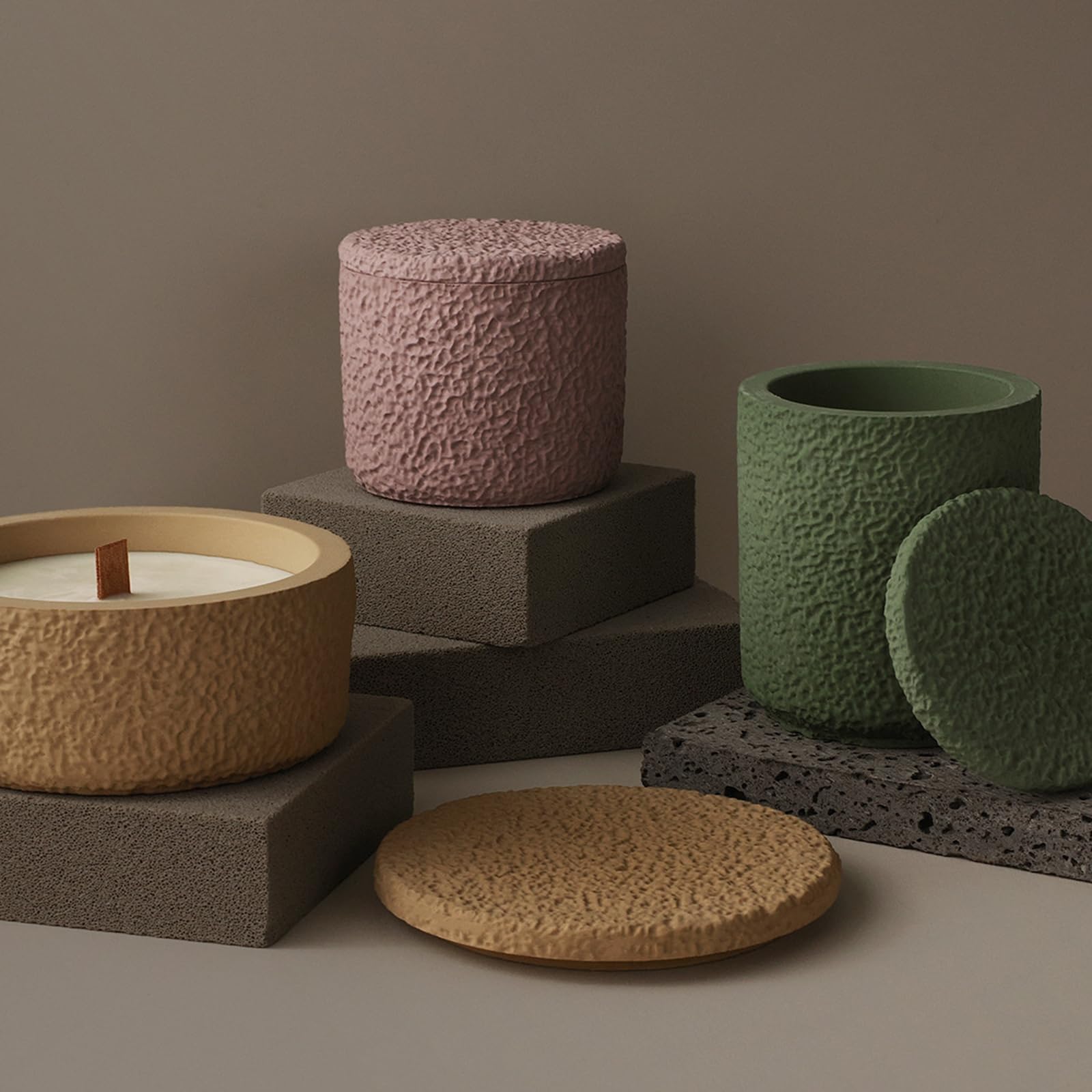 Silicone Candle Jar Molds Set with Lids - Round Concrete Stripe Candle Vessels & Storage Box for DIY Candle Making, Home Decor & Gift Packaging (A-Rough) | Perfect for Handmade Candles, Bathroom Storage & Decorative Containers