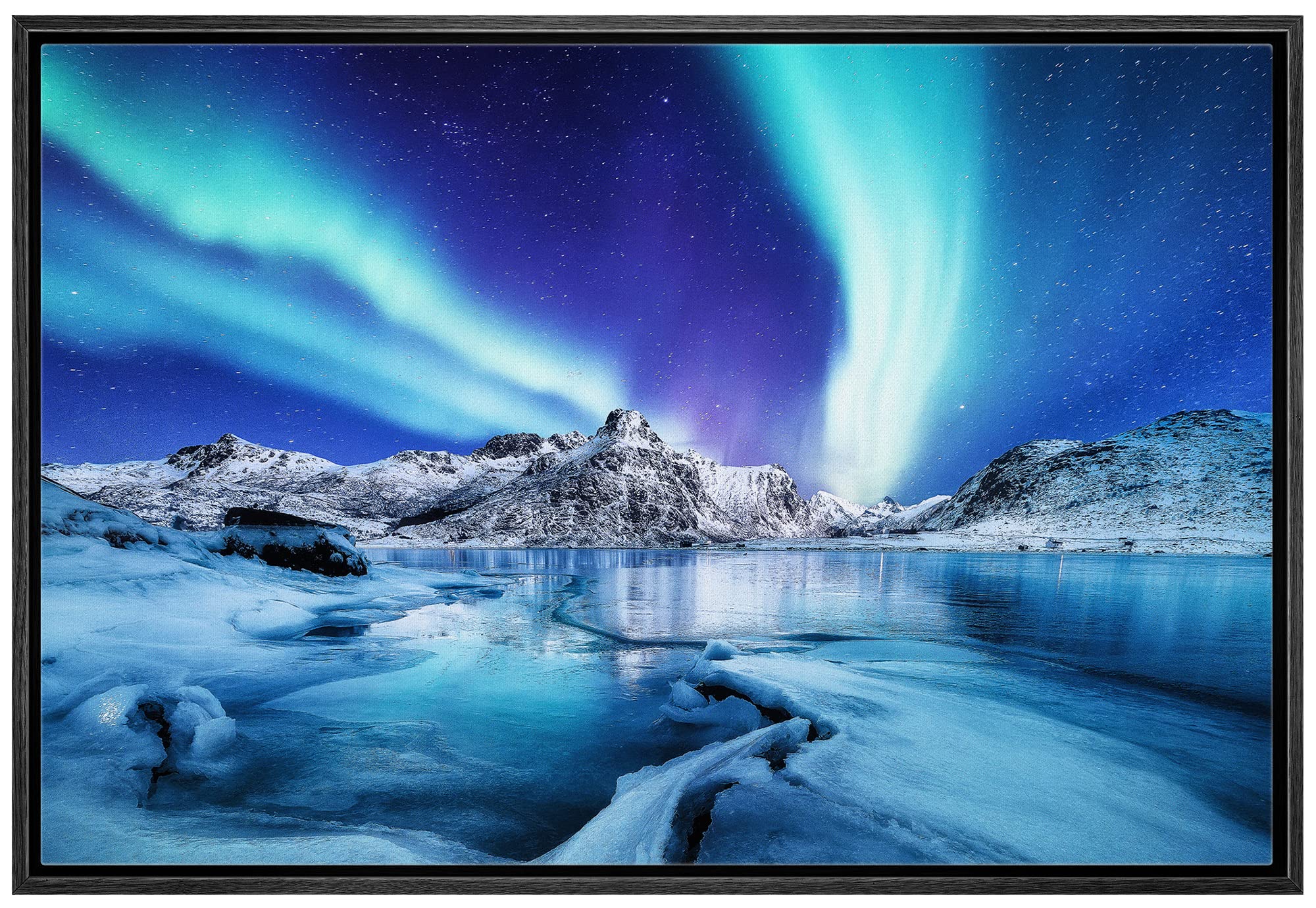 Northern Lights Canvas Print - Blue Purple Sky Arctic Landscape Nature Photography, Framed Wall Art for Living Room, Bedroom, Office Decor - 24x36 Inch Black Wood Frame - Perfect for Home & Office Interior Design