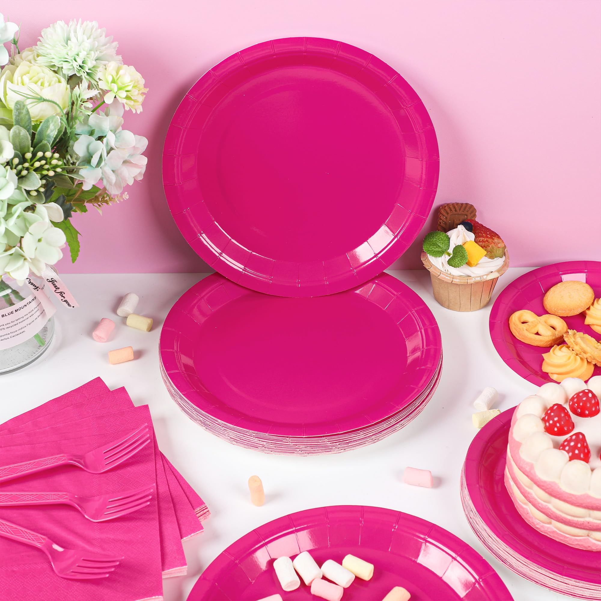 100-Pack Hot Pink Disposable Paper Plates & Napkins Set - Elegant Party Tableware for Weddings, Birthdays, Bridal & Baby Showers - Serves 25 Guests (Perfect for Indoor/Outdoor Celebrations & Themed Events)