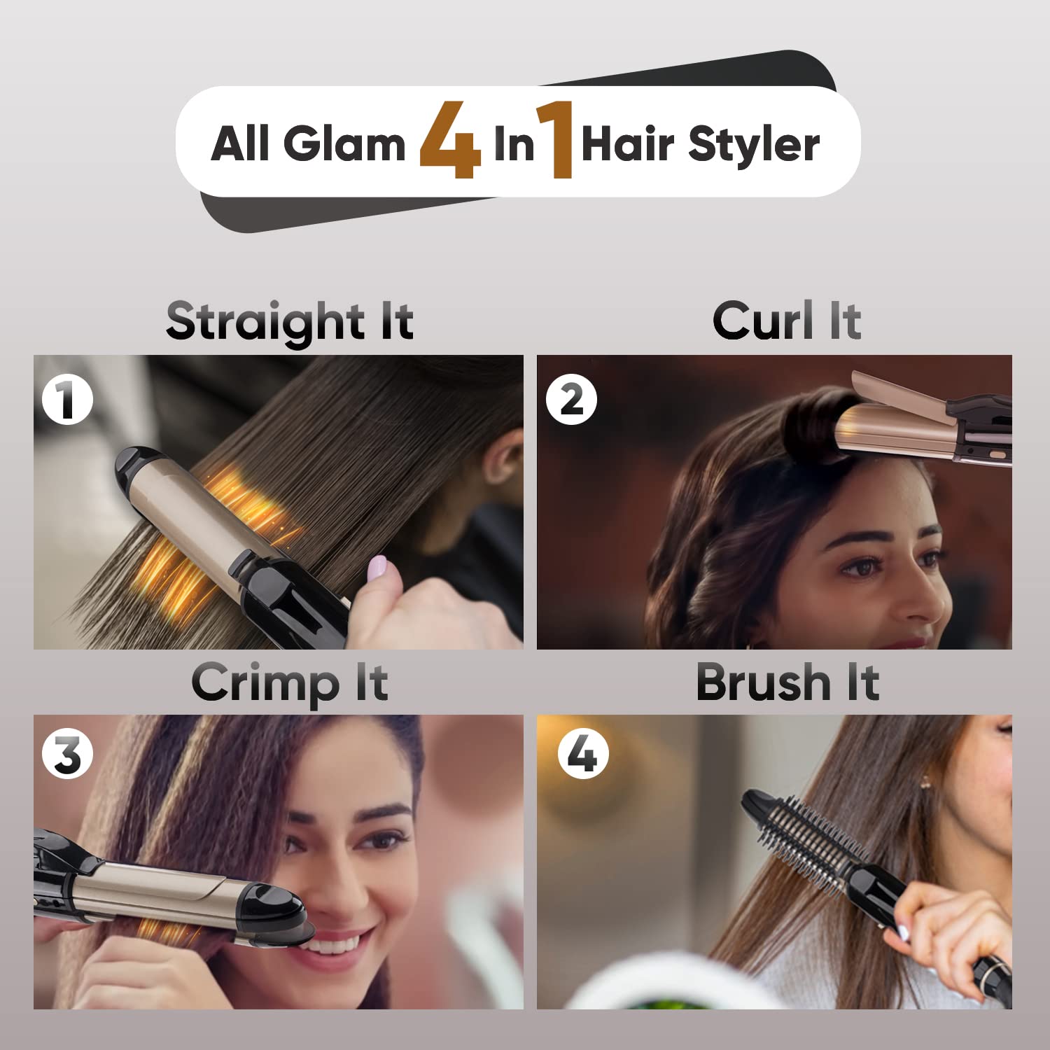 Vega 4-in-1 Hair Styler - Straightening Brush, Flat Iron, Curling Iron & Crimper | Keratin Hair Styler VHSCC-05 (Gold) | India's Top Hair Styling Brand | Perfect for Salon-Quality Styling at Home, Travel & Daily Hair Care