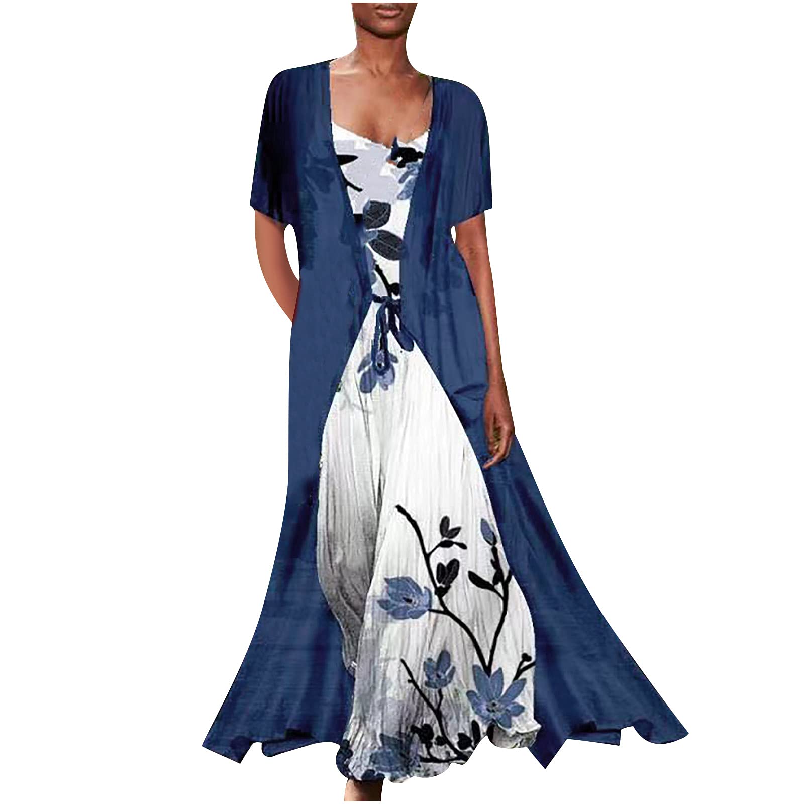 Trendy Women's Summer Chiffon Two-Piece Dress Set - Sexy Spaghetti Strap Floral Maxi Dress with Cover Up - Loose Flowy Beach Dress for Vacation, Party & Date Night