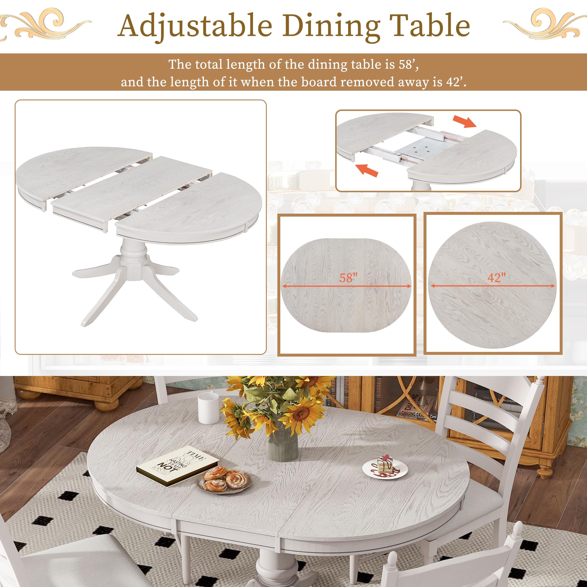 Knocbel Retro 4-Person Extendable Dining Table Set with 4 Upholstered Chairs - 5-Piece Kitchen Dinette Set in Antique White (58 Inch) - Perfect for Small Space Dining Rooms, Breakfast Nooks, Bistros & Home Bars