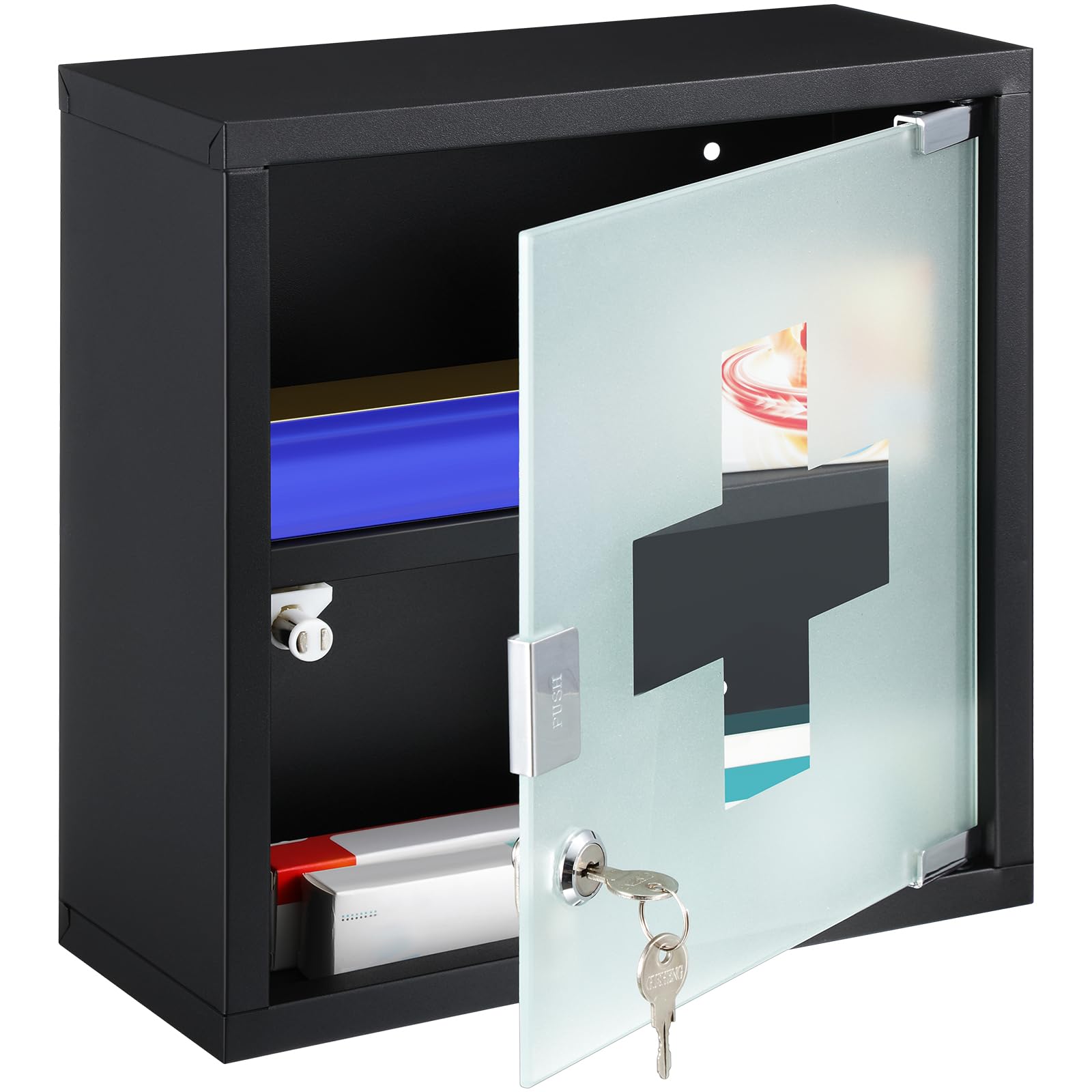 Timgle Lockable Wall Mounted First Aid Cabinet - Medicine Storage Organizer with Safety Glass Door, 2 Shelves, Black - Perfect for Bathroom, Kitchen & Home Medical Supply Organization
