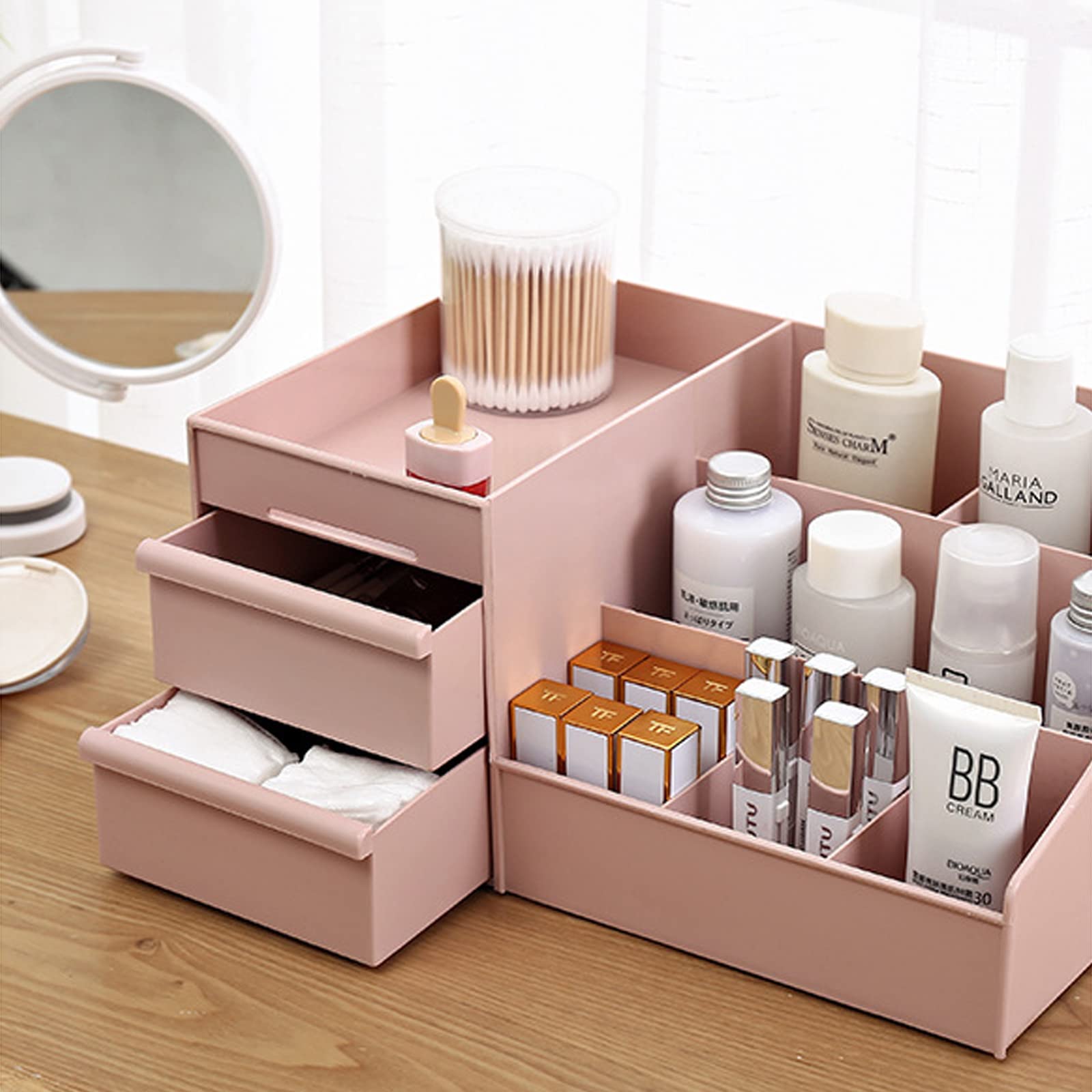 Pink Makeup Organizer with Drawers - Cosmetic Vanity Brush Holder for Lipstick, Brushes, Eyeshadow & Jewelry | Countertop Skin Care Storage | Perfect for Bedroom, Bathroom & Dressing Table Organization