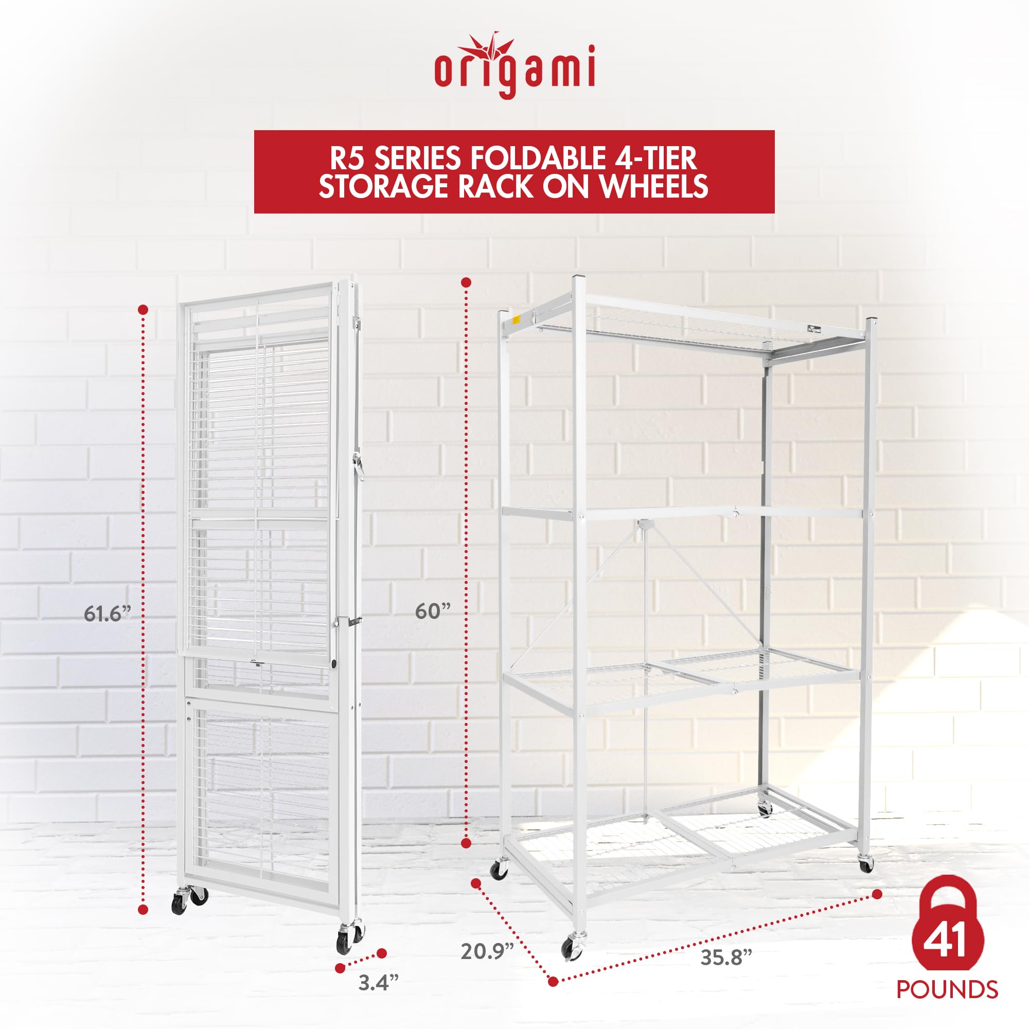 4-Tier Heavy Duty Folding Storage Shelf with Wheels - White Origami Style Organizer for Home, Office, Garage & Closet Organization