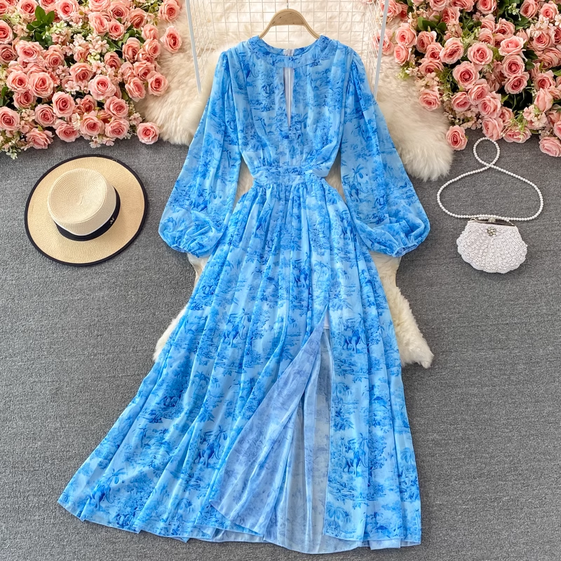 Vintage French Printed Chiffon Long Dress with Round Neck & Side Slit - Elegant Flowy Maxi Dress for Women | Perfect for Weddings, Parties & Special Occasions