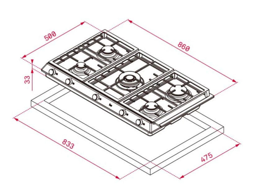 EX 90.1 5G AI AL DR CI Stainless Steel Gas Hob with Frontal Control Knobs - Dual Fuel (Butane & Natural Gas) - Smart Cooking for Modern Kitchens - Perfect for Home Chefs & Restaurants