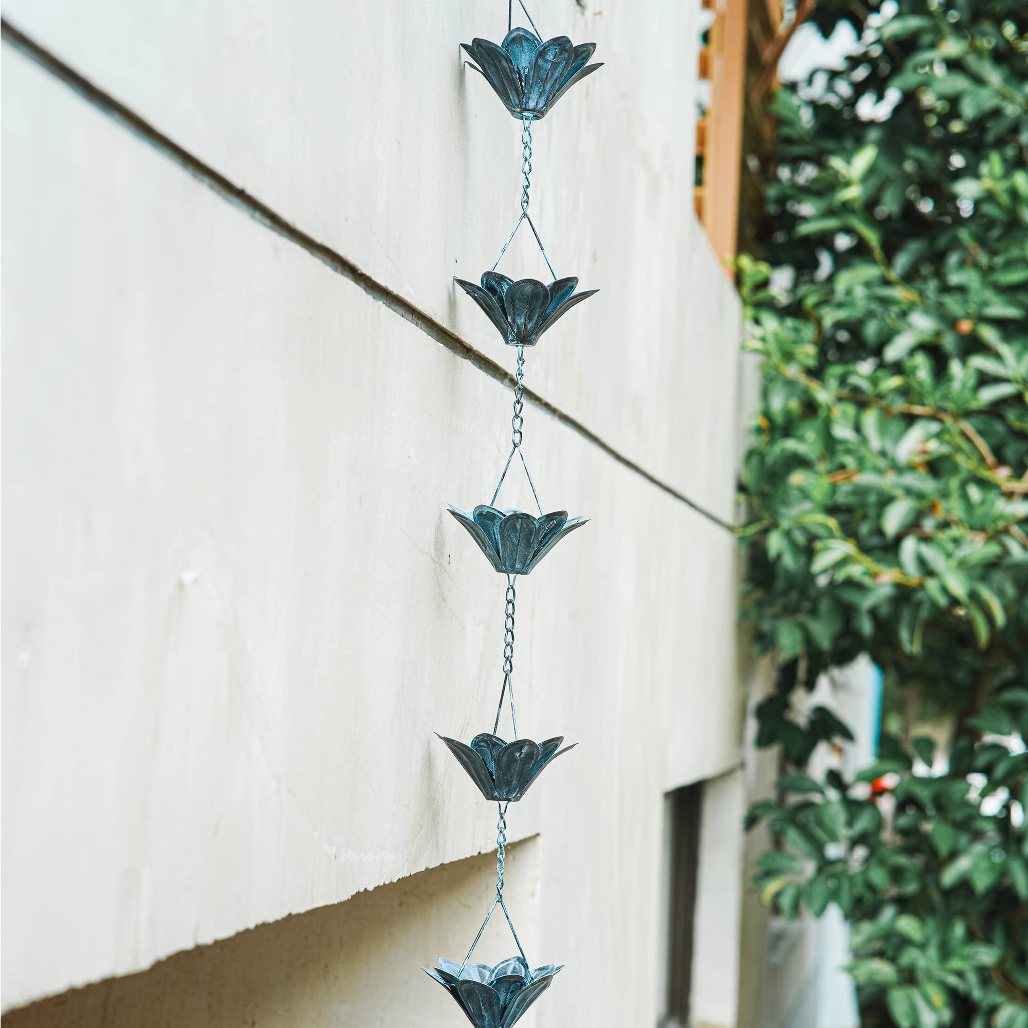 Topadorn 7.85 FT Decorative Iron Gutter Chain with 12 Rain Collector Cups & Flower Cups - Garden Water Feature for Outdoor Decor, Patio, Yard, and Landscape Design
