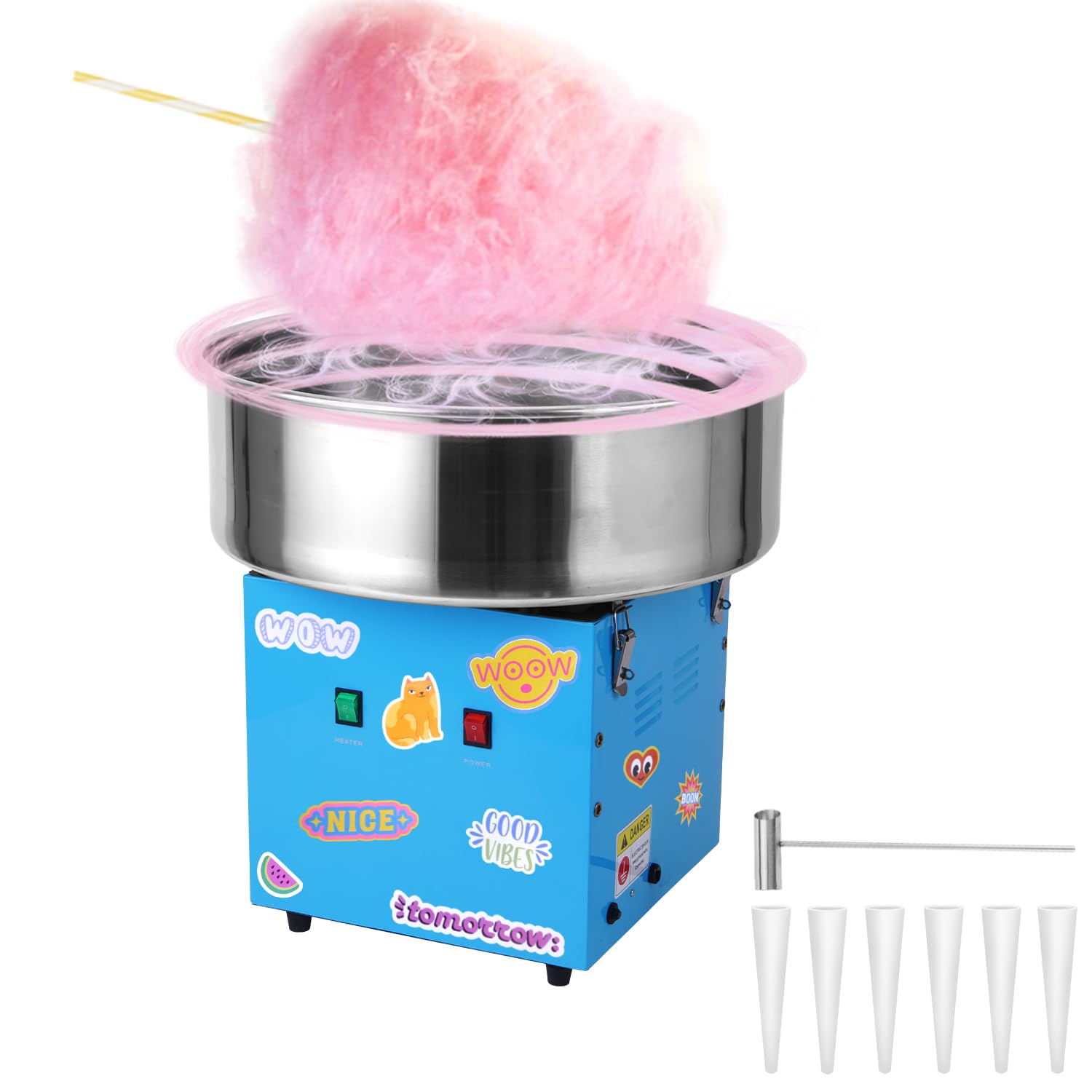 Commercial Cotton Candy Machine 1100W - Blue Electric Candy Floss Maker with Stainless Steel Bowl, Sugar Scoop & 50 Cones - Perfect for Birthday Parties, Carnivals, Family Events & Home Use