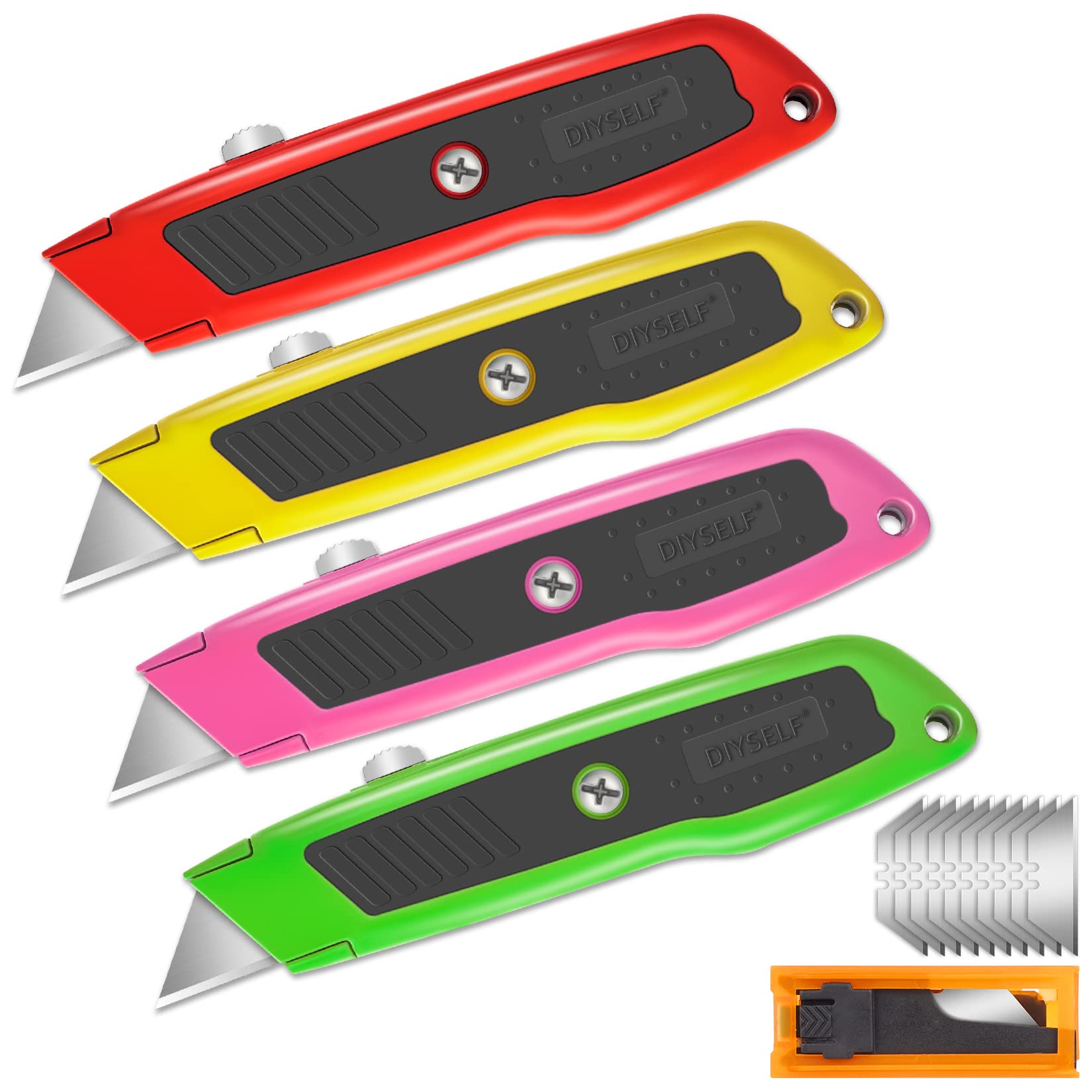 DIYSELF 4 Pack Retractable Box Cutter with Auto Lock - Utility Knife with 10 Blades for Cardboard, Carton, Drywall Cutting - Perfect for Home, Office, Warehouse & Craft Projects