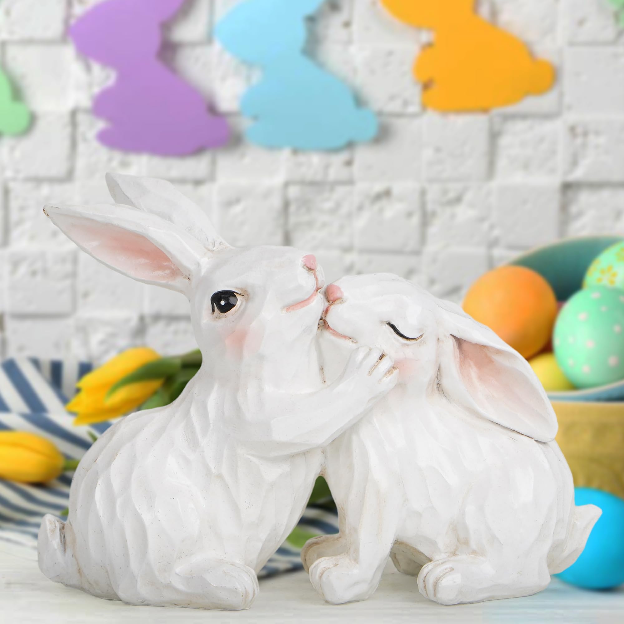 Easter Bunny Couple Decor - Spring Home Decor, Electroplated European Mini Bunny Figurines, Perfect Couple Gifts (White) - Ideal for Easter Decorations, Wedding Centerpieces & Romantic Home Accents