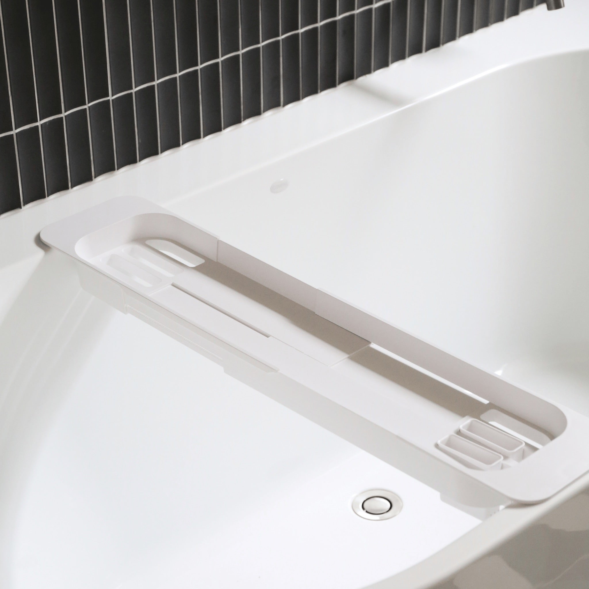 YAMAZAKI Extendable Bamboo Bath Tray - Adjustable Shower Caddy for Bathtub, Spa & Relaxation - Perfect for Reading, Wine & Bath Essentials - White