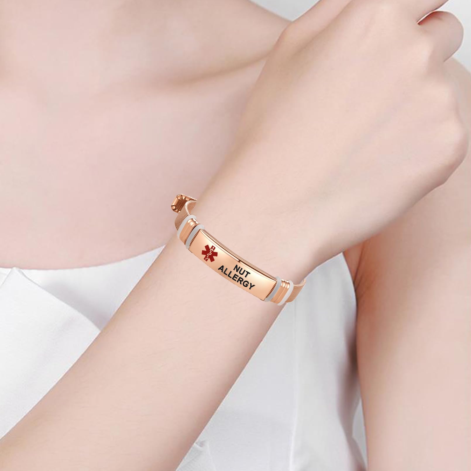 Rose Gold Red Medical Alert ID Bracelet for Women & Men - Laser Engraved Stainless Steel Adjustable Wristband - Emergency Health Alert Jewelry for Diabetes, Allergies & First Aid Situations