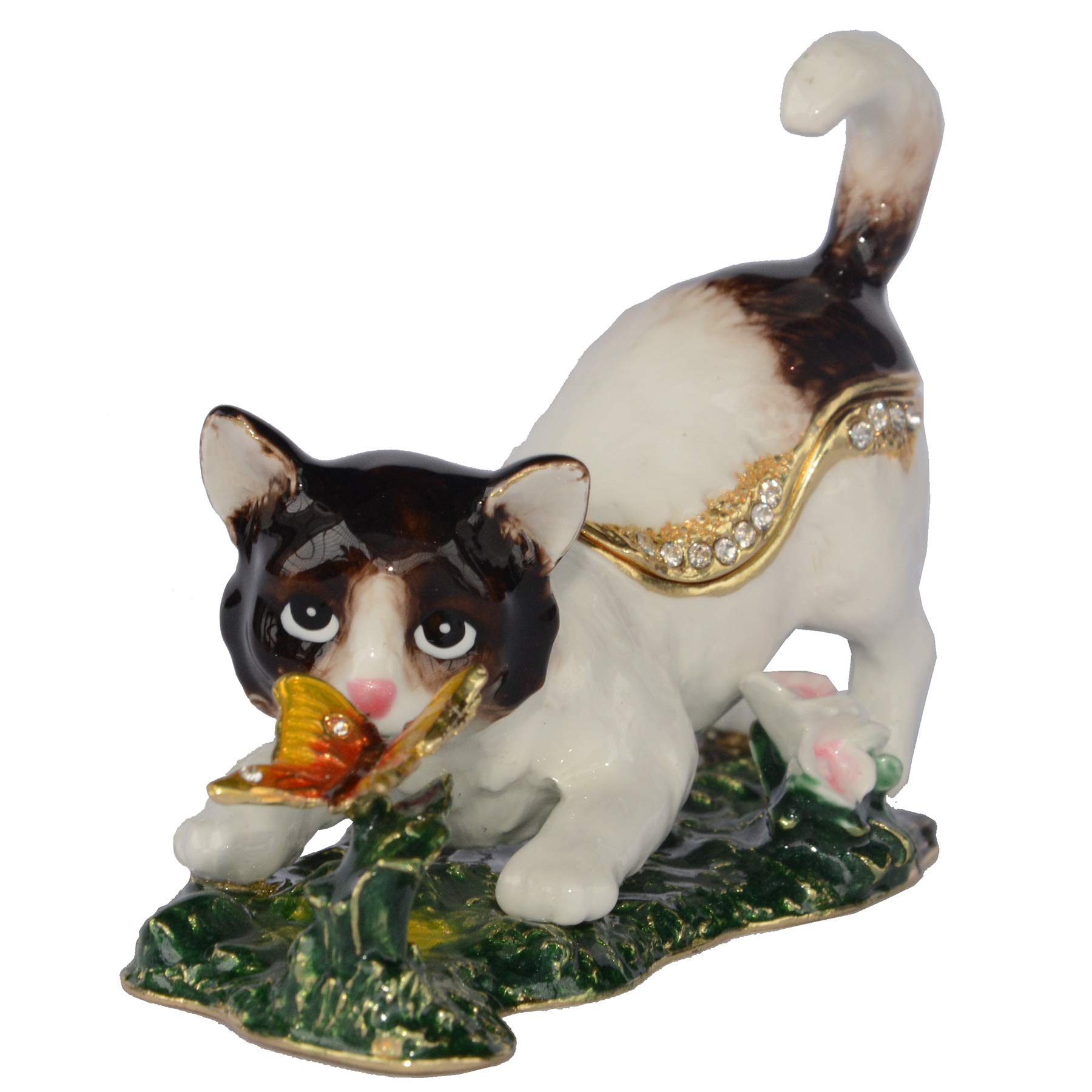 Hand Painted White Cat Trinket Box - Hinged Lid Jewelry Storage Box for Rings & Earrings - Decorative Cat Figurine Collectible Gift for Cat Lovers | Perfect for Dresser Organizer, Gift Giving & Home Decor