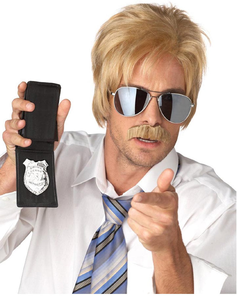 80s Ace Detective Short Blonde Wig with Mustache Set - Vintage Costume Accessories for Halloween, Cosplay, and Themed Parties