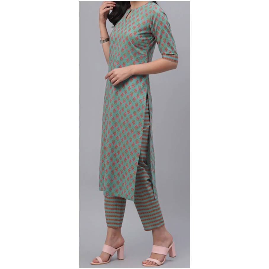 Bottle Green Cotton Kurta Set with Pink Floral Print & Matching Trousers | Traditional Indian Ethnic Wear for Women | Perfect for Festivals, Weddings & Casual Outings