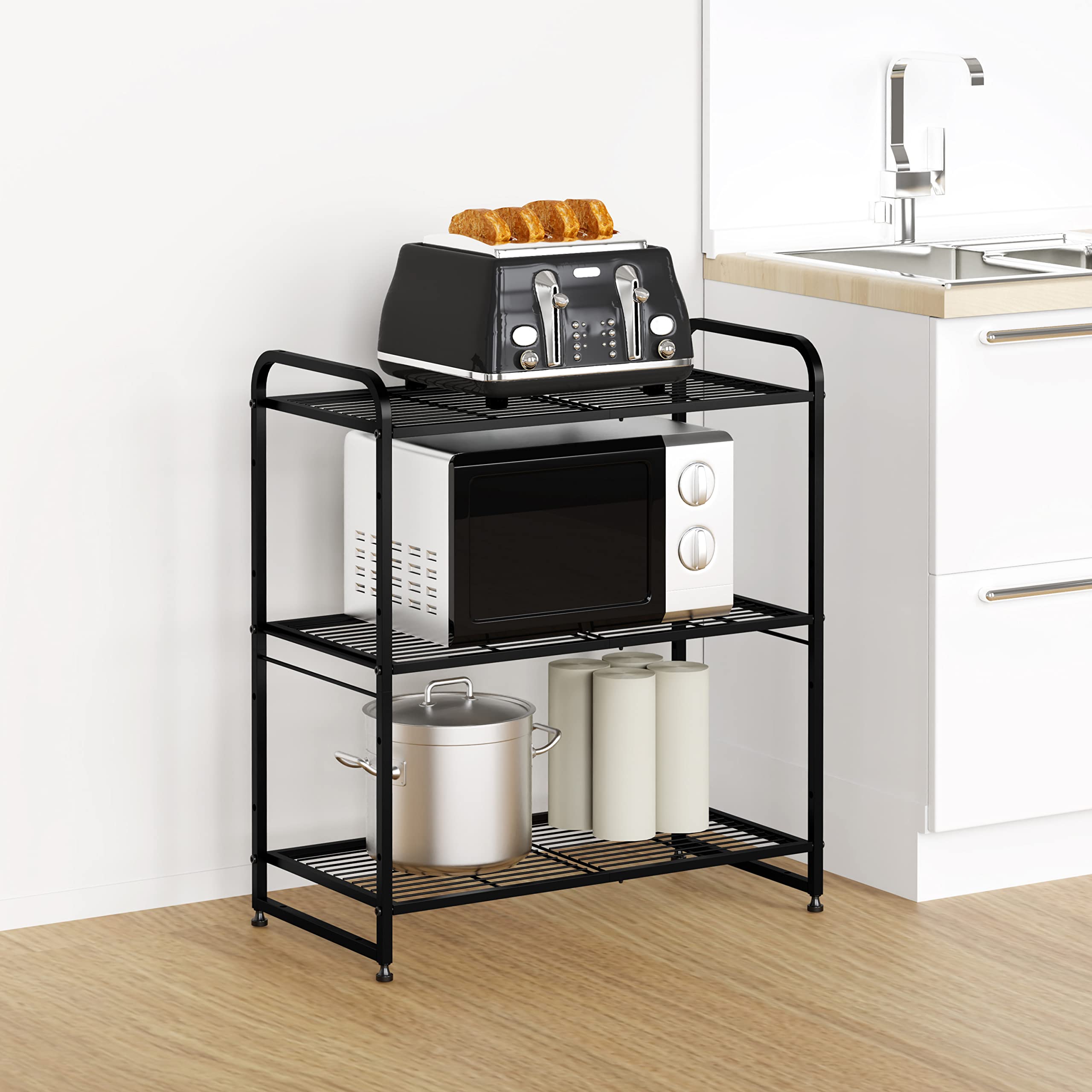 3-Tier Stackable Wire Shelving Unit - Adjustable Kitchen Storage Rack & Cabinet Organizer for Pantry, Bathroom, Garage | Black Metal Shelf for Home Organization