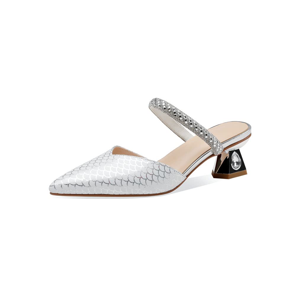TinaCus Women's Rhinestone Decorated Genuine Leather Pointed Toe Slippers - Handmade Low Chunky Heels for Parties, Weddings & Special Occasions