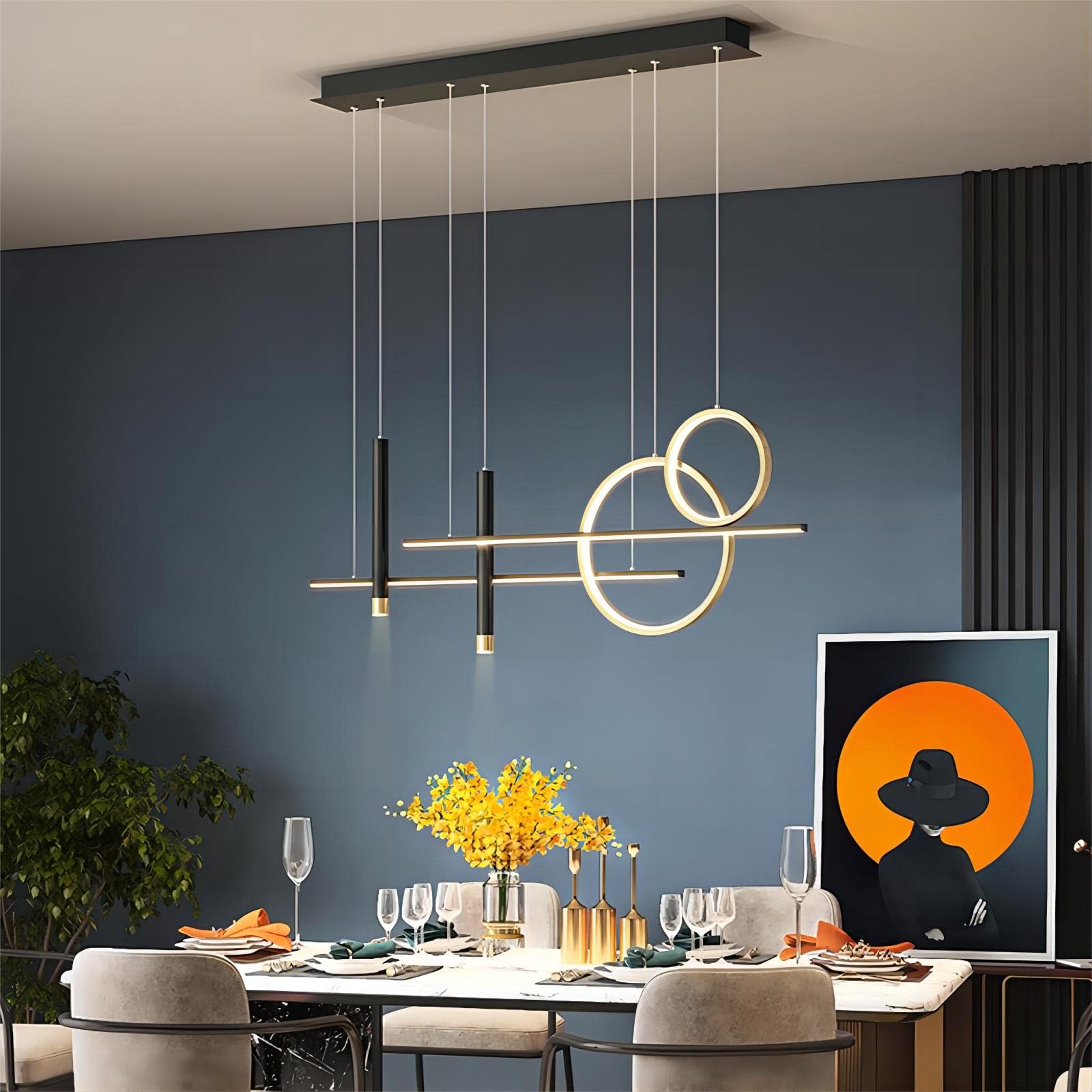 6-Light LED Island Pendant Light - 39.4 Inch Modern Geometric Linear Hanging Light with Remote Control & Dimmable Brightness for Kitchen Island, Dining Room & Living Room - Black Contemporary Lighting Fixture