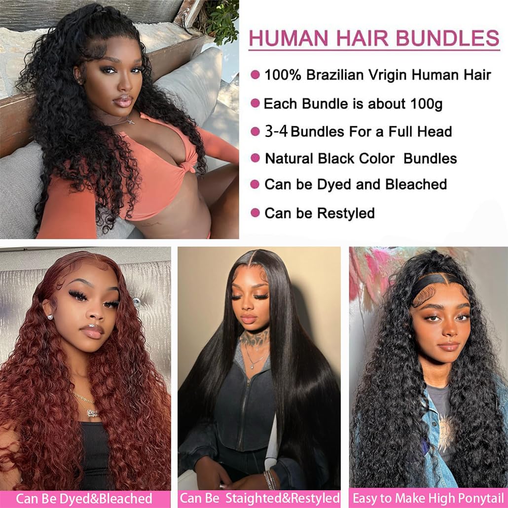 20 22 24 26 Inch Brazilian Virgin Human Hair Bundles - 4 Pcs Deep Water Wave Hair Extensions 12A Unprocessed Natural Black | Perfect for Weaving, Styling & Special Occasions