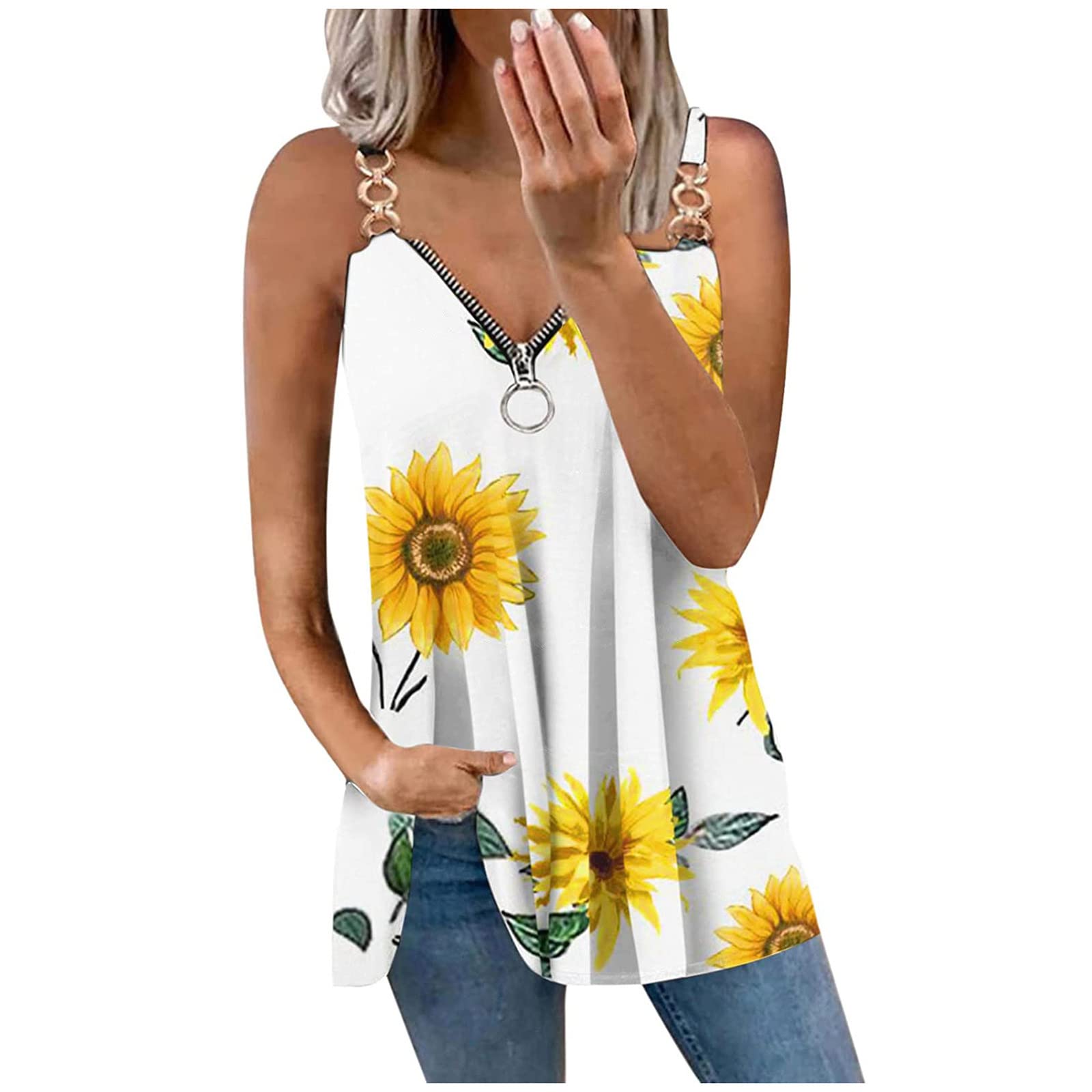 Women's Summer Fashion V-Neck Sleeveless Blouse - Floral Print Zipper Vest Top for Casual Wear, Beach Outfits & Summer Vacations