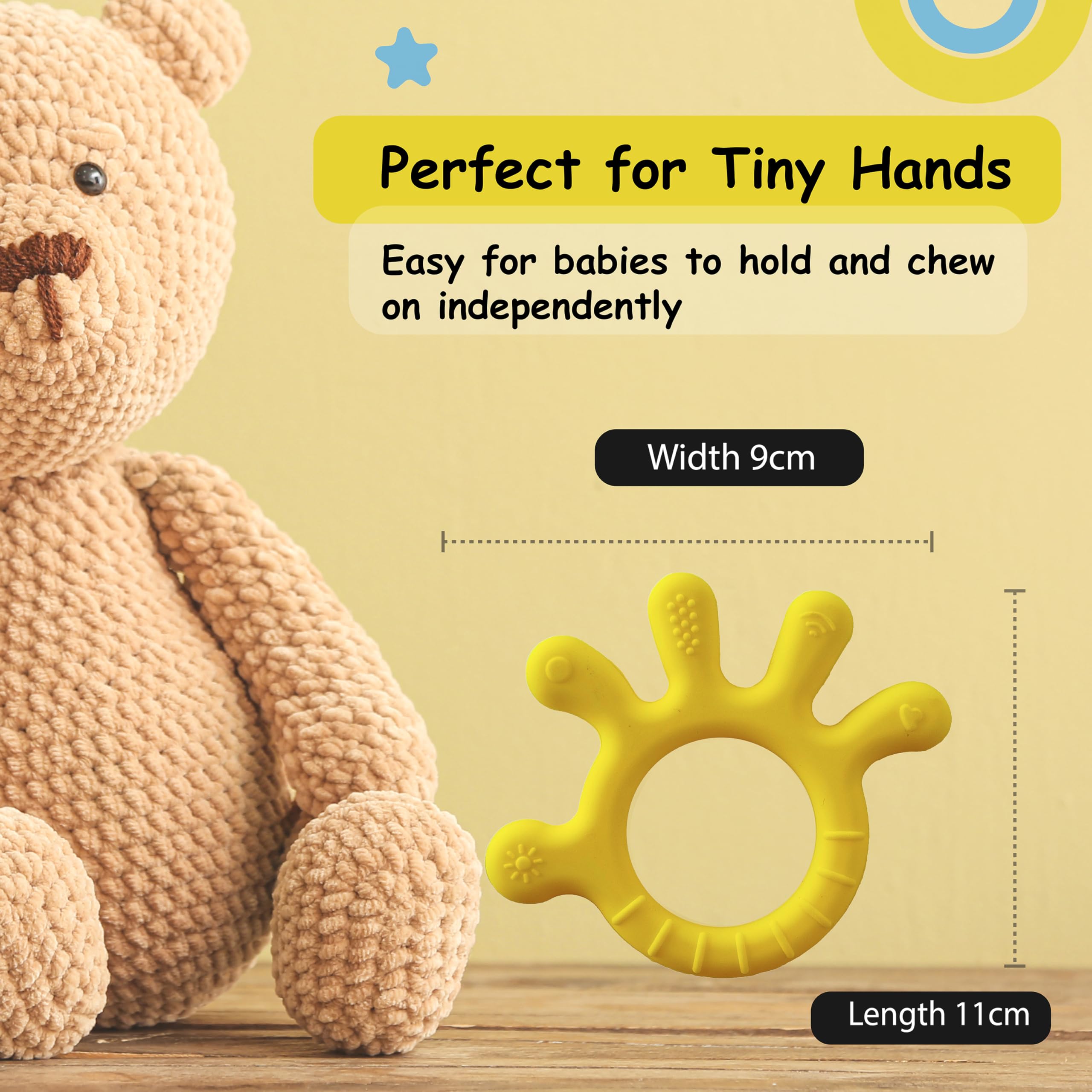 Chic Buddy Silicone Teether for Babies 3-12 Months - BPA Free Teething Toy with Soft Textures to Soothe Gums | Easy to Clean, No-Choke Design (Finger Delight Yellow) | Perfect for Home, Travel & Daycare Use