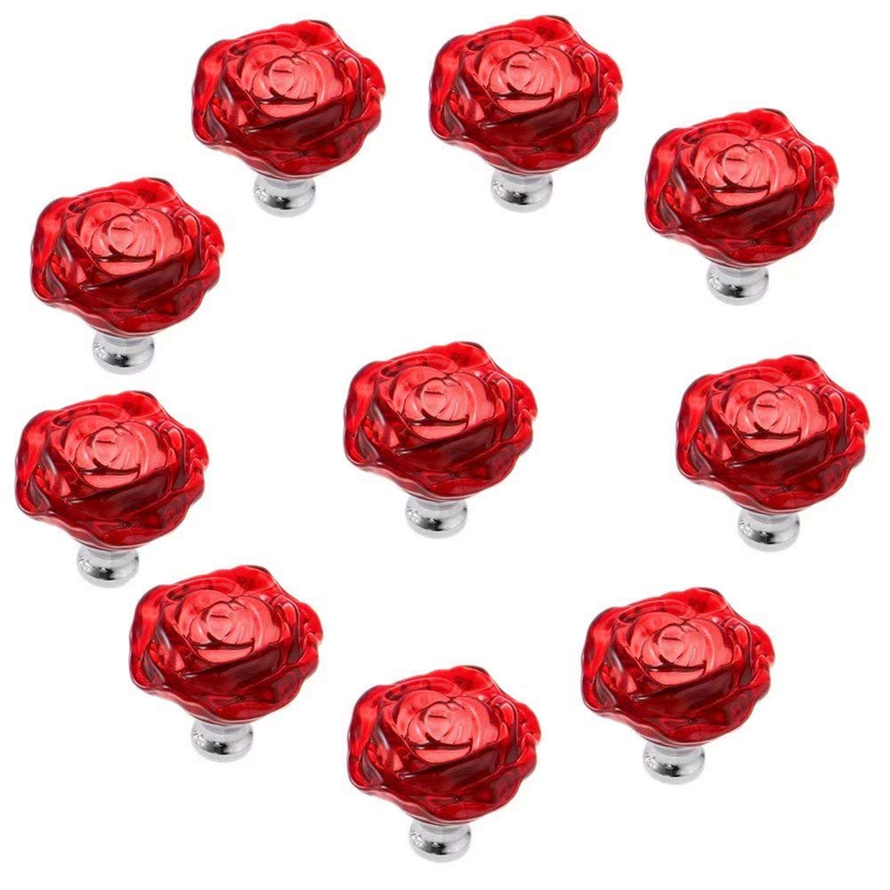 10 Pack 50mm Red Crystal Rose Glass Cabinet Knobs - Clear Drawer Pulls for Kitchen, Dresser, Closet & Furniture Hardware - Perfect for Home Decor & DIY Upgrades