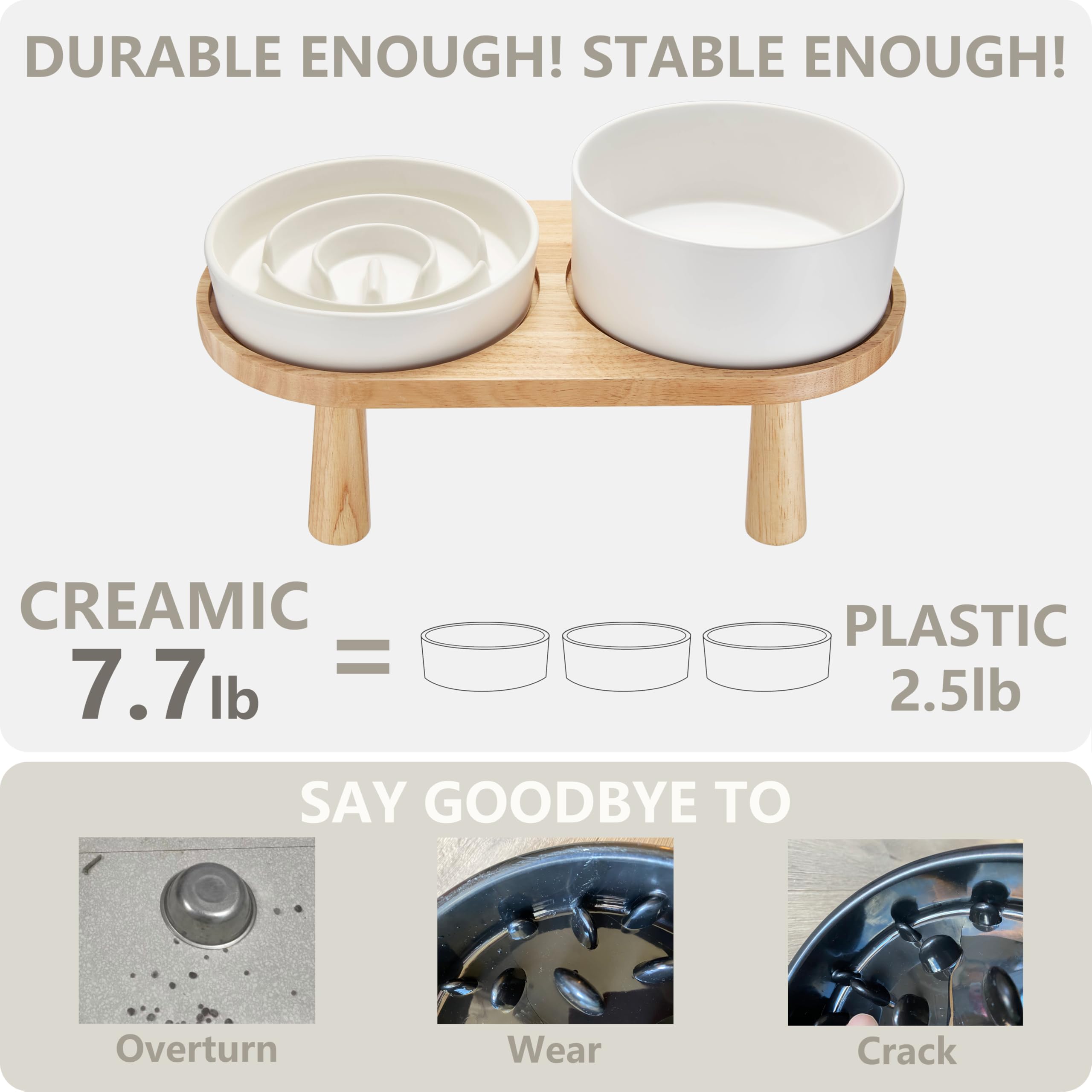 Ceramic Slow Feeder & Elevated Water Bowl Set for Medium & Large Dogs - 30oz Anti-Choke Food Bowl & 70oz Water Dish with Wooden Stand - Perfect for Mealtime & Hydration - Ideal for Fast Eaters & Home Use