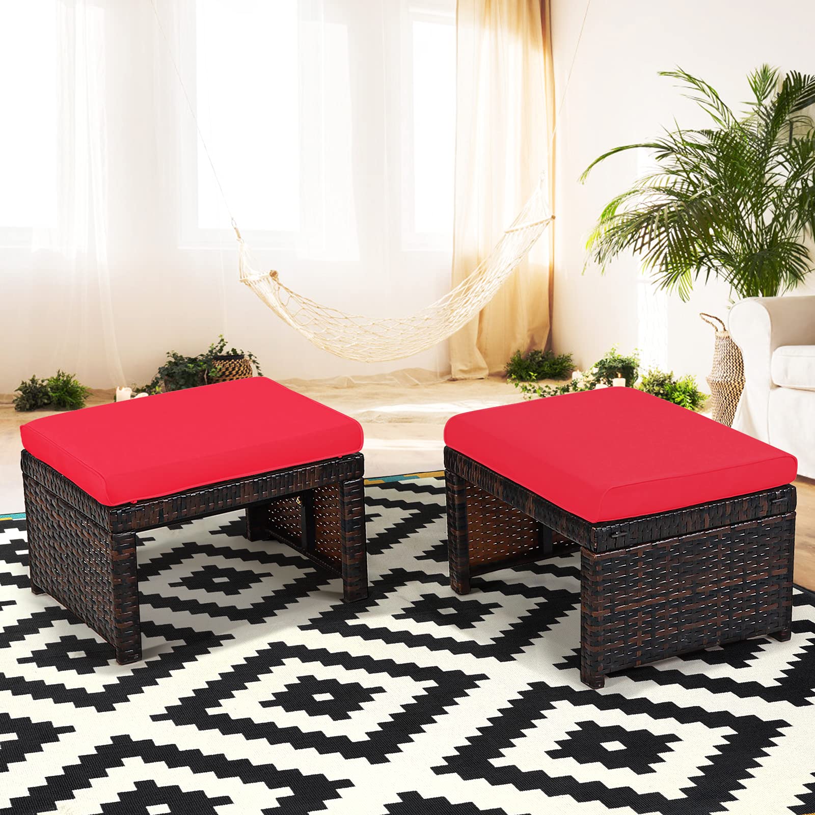 DORTALA 2-Piece Outdoor Wicker Ottoman Set with Cushions - PE Rattan Footrest Stool for Patio, Garden, Poolside, Living Room - Perfect for Relaxing, Lounging & Decor (Red)