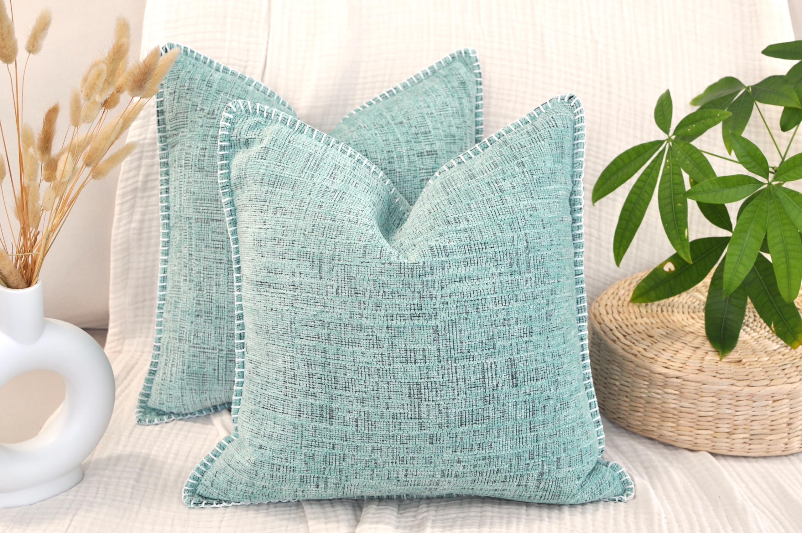18x18 Inch Mint Green Chenille Pillow Covers Set of 2 - Soft Textured Decorative Square Cushion Covers for Sofa, Couch & Living Room Decor | Cozy Home Accessories for Modern Farmhouse, Apartment & Bedroom Styling