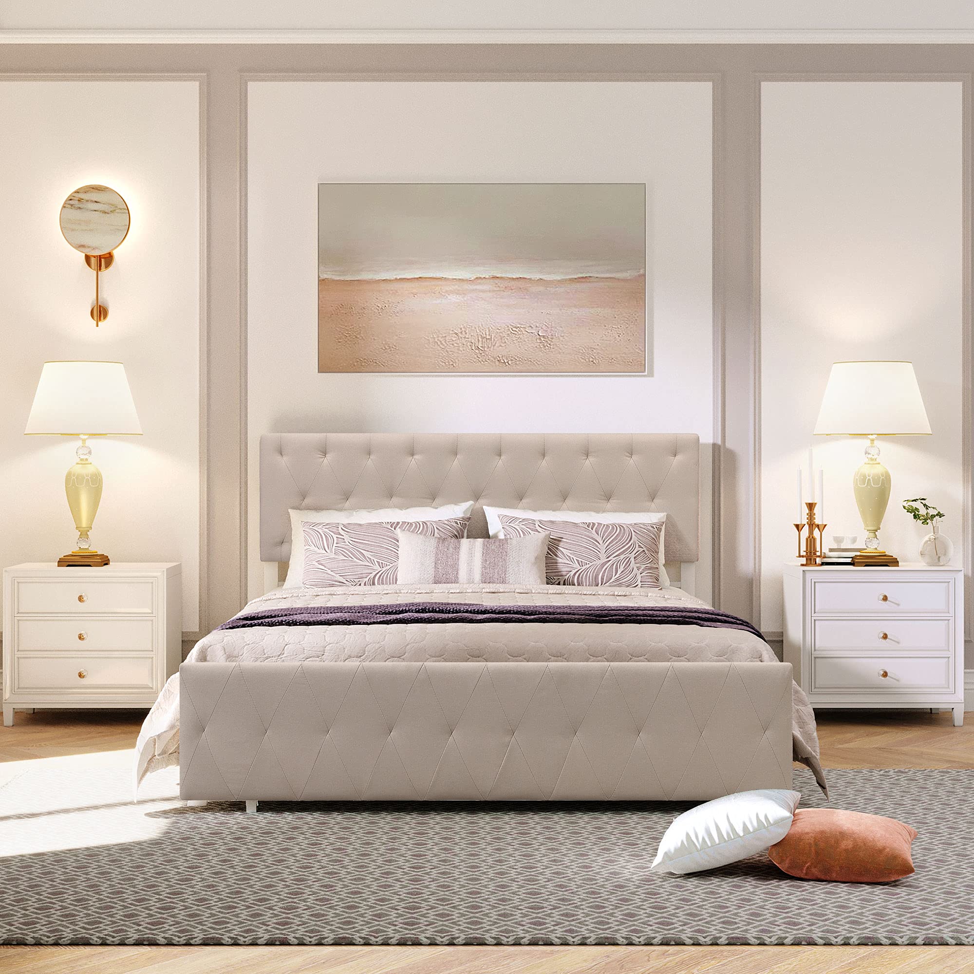 Queen Size Upholstered Platform Bed with Storage Drawer - Sturdy Metal Frame & Slat Support System, No Box Spring Needed, Beige - Perfect for Small Bedrooms, Guest Rooms & Modern Apartments