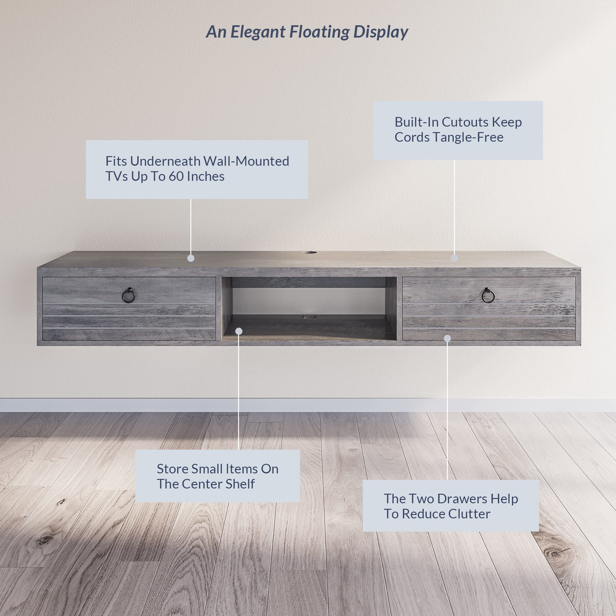 BELLEZE 63-Inch Modern Floating TV Stand Wall Mounted with Built-in Shelves & Storage Compartments - Contemporary Space-Saving Media Console Holds Up to 100lbs - Langston Gray Wash Finish for Living Room, Bedroom & Home Theater Setup