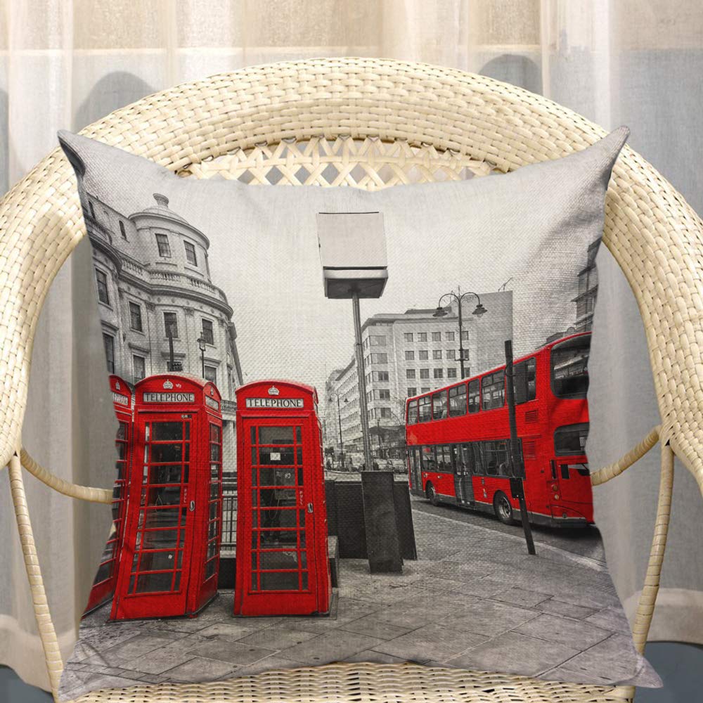 London City Themed Throw Pillow Cover - Double Decker Bus & Telephone Box Design in Red, Grey, Black & White - 18x18 Inch Decorative Cotton Linen Square Cushion Cover for Sofa, Bed, Couch - Perfect for Home Decor, Living Room, Office & Gift Giving