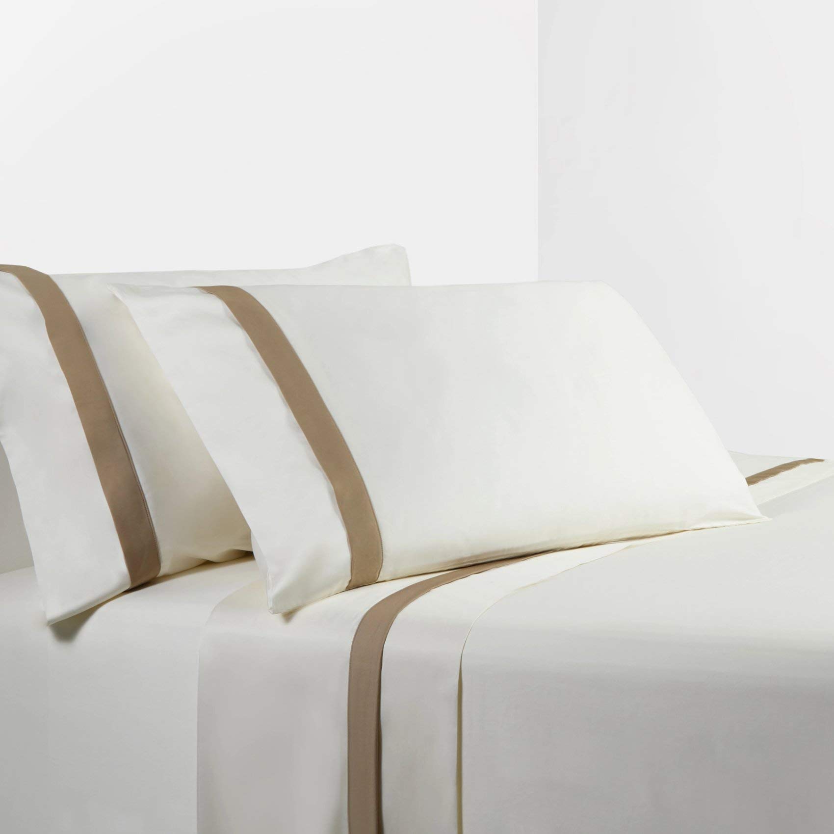 Premium 350 Thread Count Cotton Queen Sheet Set - 4 Piece Cream Tan Flange Border Bedding (1 Flat Sheet, 1 Fitted Sheet, 2 Pillowcases) - Soft Breathable Luxury Bed Sheets for Modern Bedroom Decor & Hotel Style Comfort