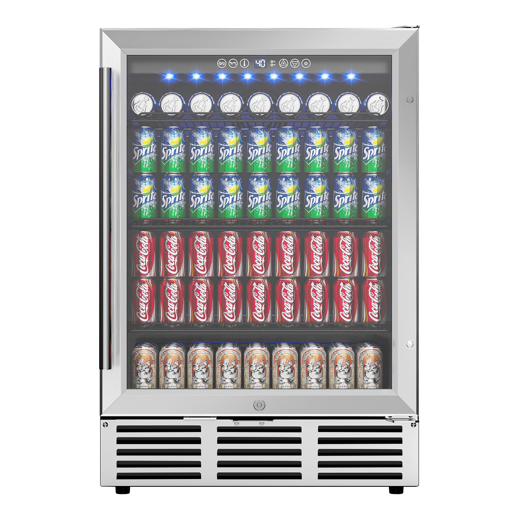 24 Inch Built-In Beverage Refrigerator - 180 Can Capacity Under Counter Beer Cooler with Glass Door for Soda, Wine, Water - Perfect for Kitchen, Office, Bar & Entertainment Areas