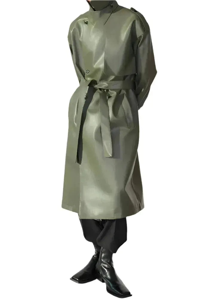 Men's Casual Belted Leather Overcoat - Stylish Winter Trench Coat for Business & Outdoor Wear