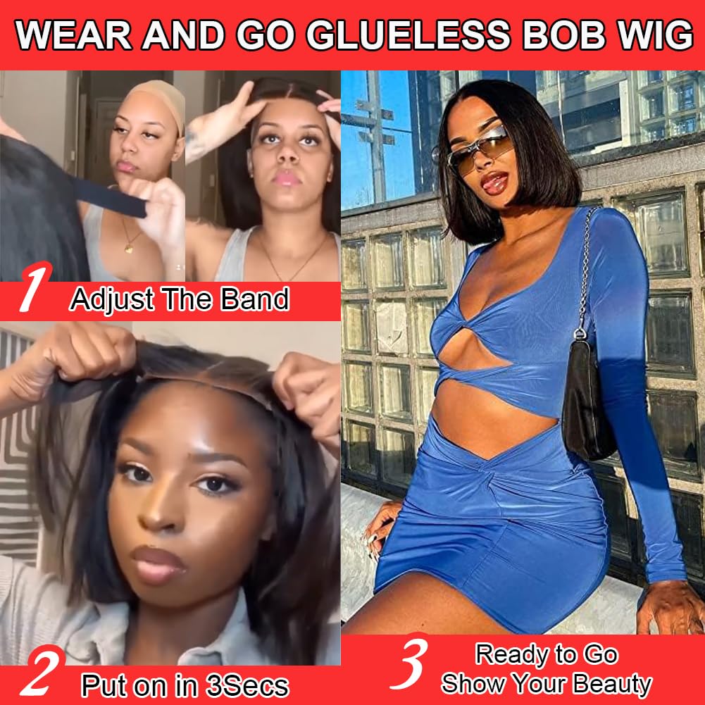 V SHOW Glueless Bob Wigs Human Hair - Pre Plucked HD Lace Front Wig 10 Inch 180% Density | No Glue Needed, Wear & Go | Perfect for Beginners, Daily Wear & Cosplay | Natural Look for Work, Parties & Special Occasions