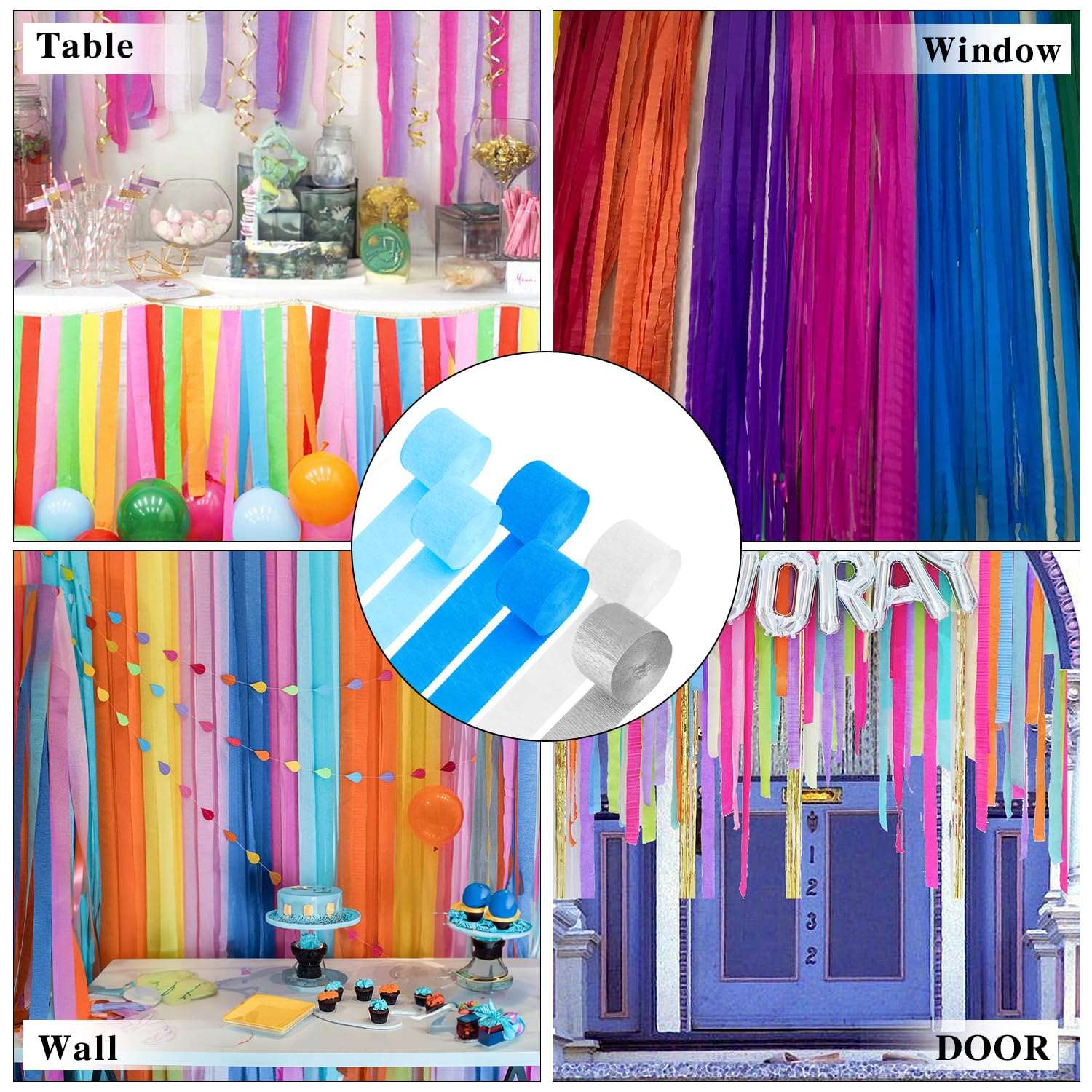 6 Pack Crepe Paper Streamers - 492ft Total (Blue, Silver, White) for Birthday Party, Wedding, Thanksgiving & Baby Shower Decorations | 2.37