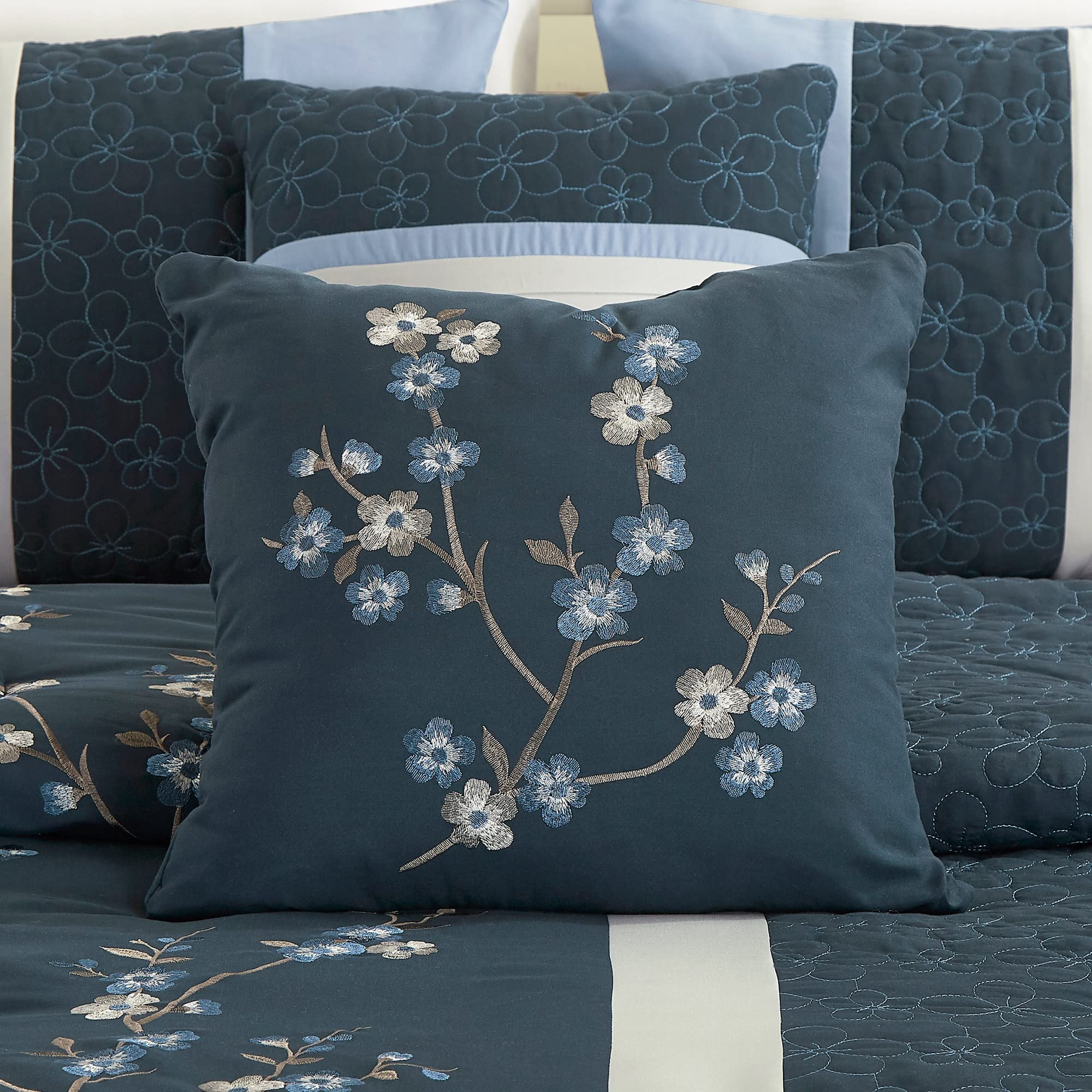 Chezmoi Collection Linnea 7-Piece Luxury Comforter Set - Navy Blue & Gray Cherry Blossom Floral Embroidery, King Size | Perfect for Master Bedroom, Guest Room & Cozy Home Decor